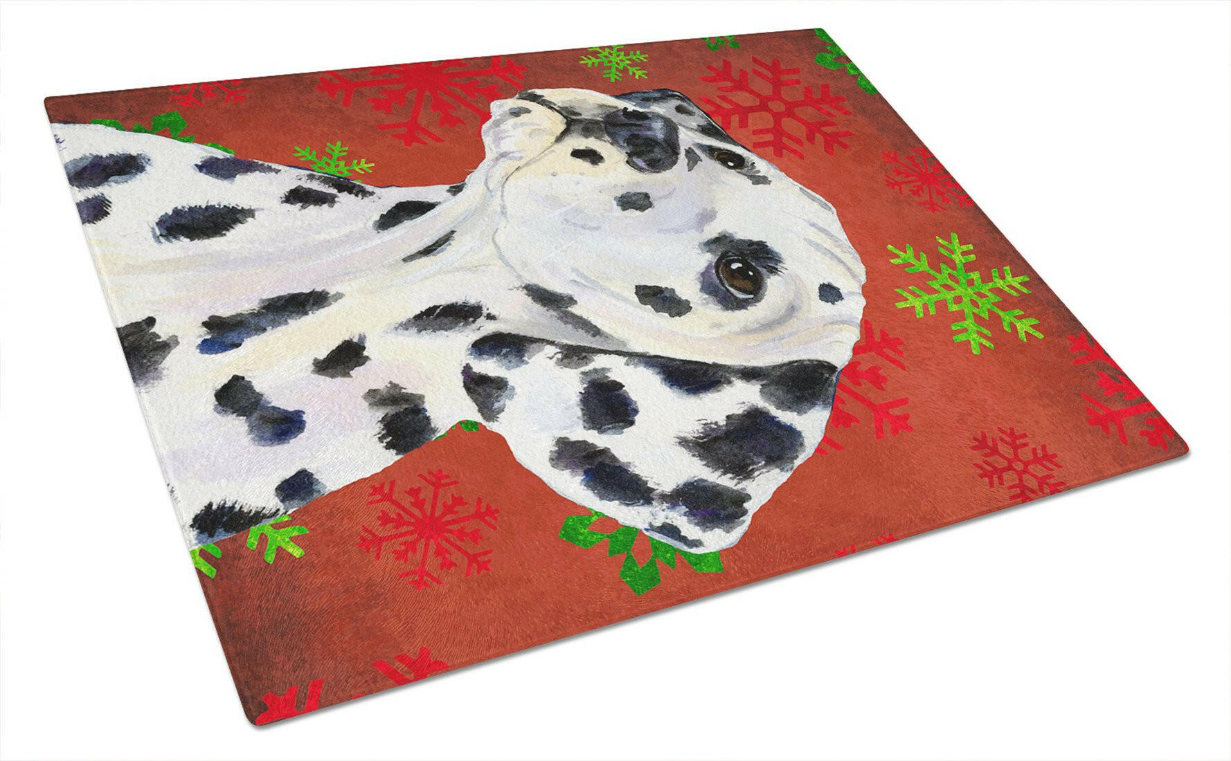 Dalmatian Red and Green Snowflakes Holiday Christmas Cutting Board Tempered Glass Kitchen Cutting Surface, Heat Resistant Chopping, Non-Slip Feet, Food Prep & Serving