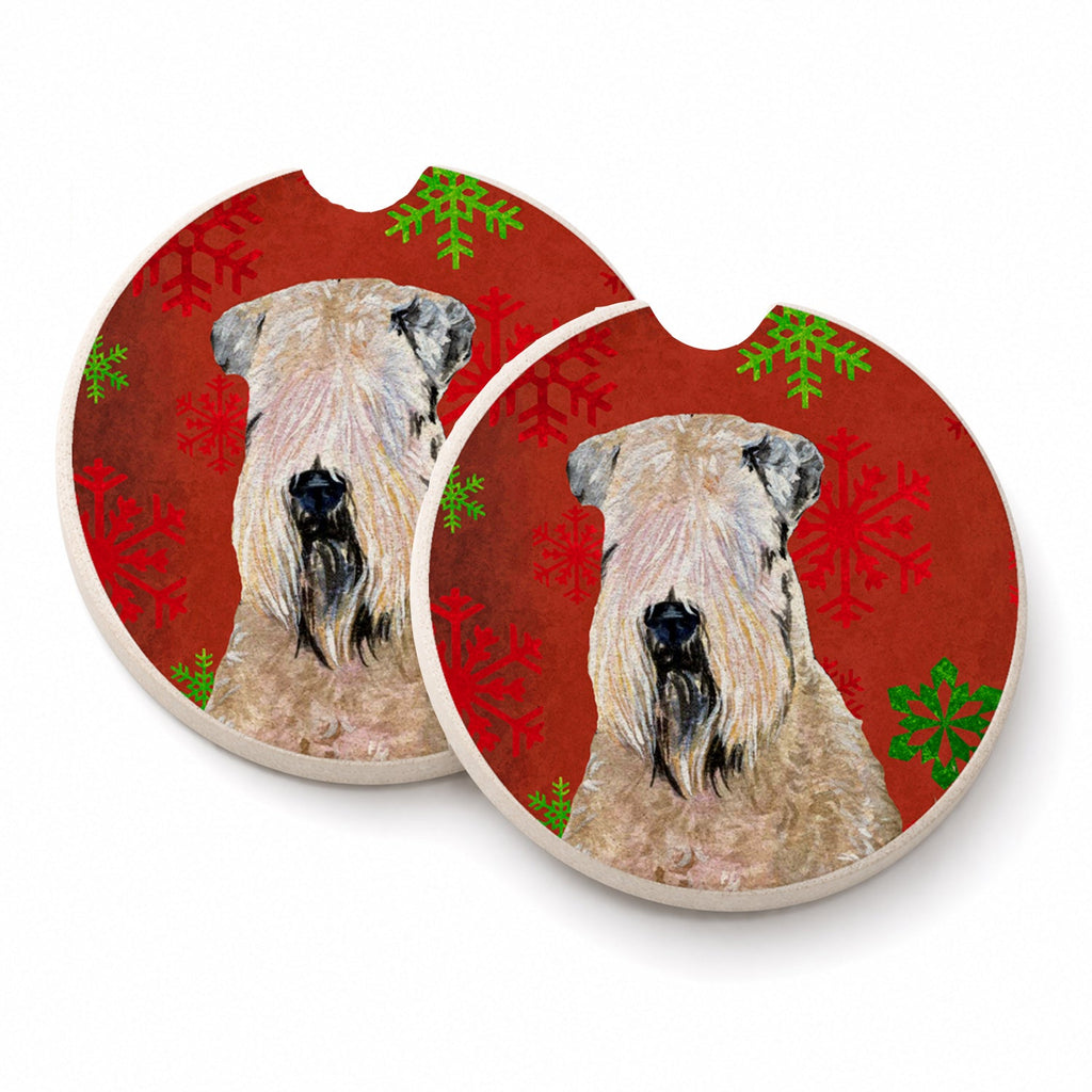Wheaten Terrier Soft Coated Red Snowflakes Holiday Christmas Set of 2 Cup Holder Car Coasters Absorbent Round Sandstone Coasters Gifts for Men or Women, 2.5, Multicolor