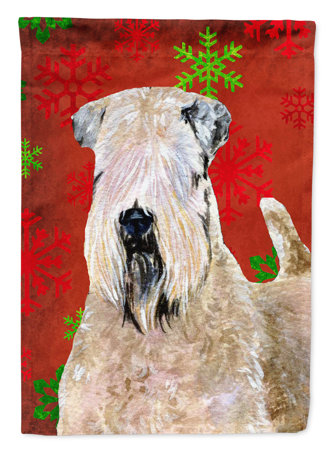 Wheaten Terrier Soft Coated Red Snowflakes Holiday Christmas House Flag 28x40 Porch Sleeve Pole Decorative Outside Yard Banner Artwork Wall Hanging, Polyester