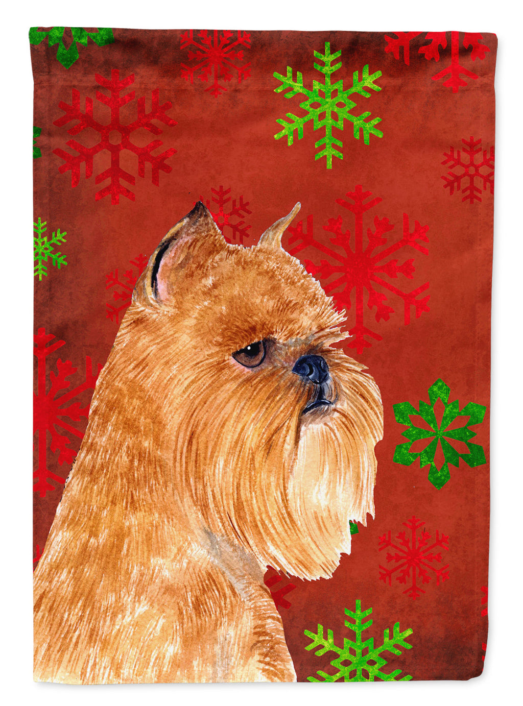Brussels Griffon Red and Green Snowflakes Holiday Christmas House Flag 28x40 Porch Sleeve Pole Decorative Outside Yard Banner Artwork Wall Hanging, Polyester