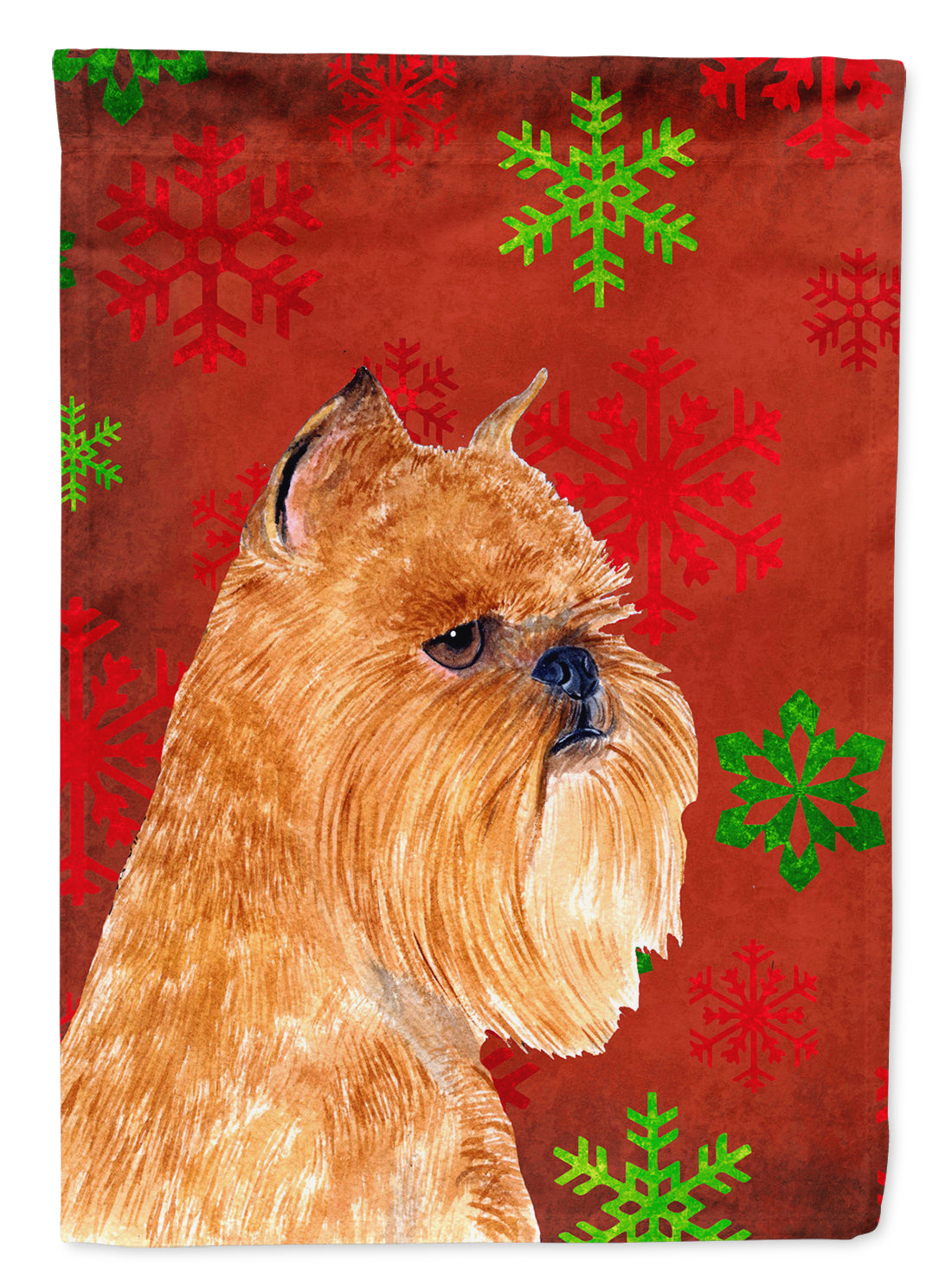 Brussels Griffon Red and Green Snowflakes Holiday Christmas House Flag 28x40 Porch Sleeve Pole Decorative Outside Yard Banner Artwork Wall Hanging, Polyester