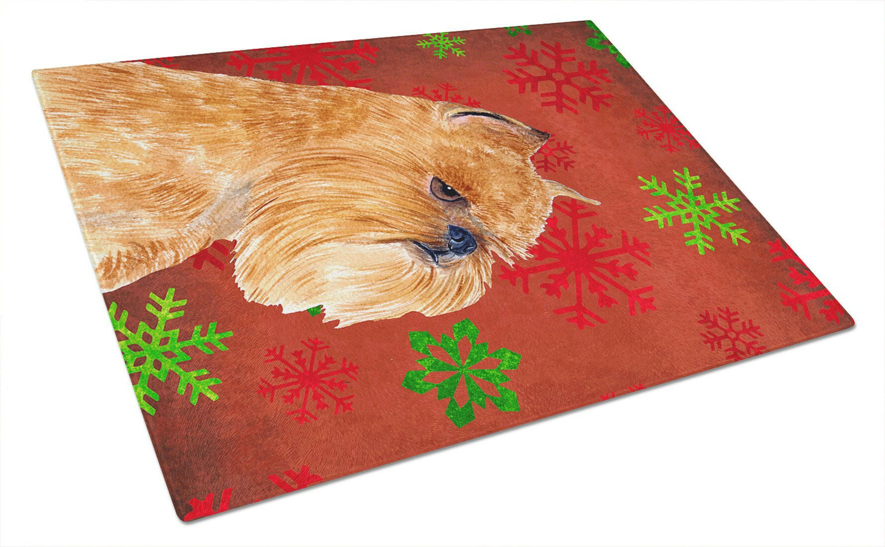 Brussels Griffon Red and Green Snowflakes Holiday Christmas Cutting Board Tempered Glass Kitchen Cutting Surface, Heat Resistant Chopping, Non-Slip Feet, Food Prep & Serving