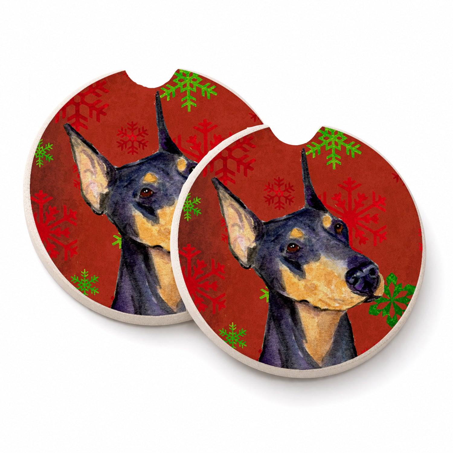 Doberman Red and Green Snowflakes Holiday Christmas Set of 2 Cup Holder Car Coasters Absorbent Round Sandstone Coasters Gifts for Men or Women, 2.5, Multicolor