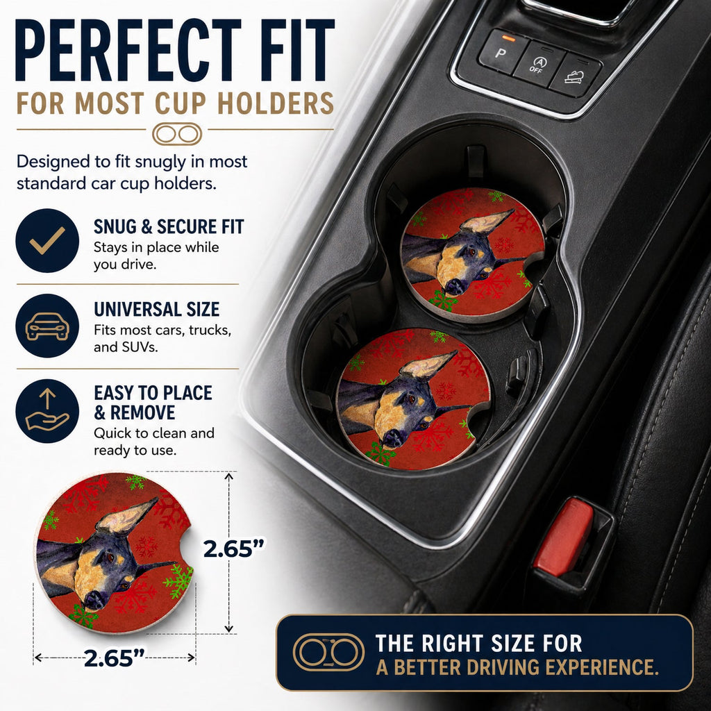 Doberman Red and Green Snowflakes Holiday Christmas Set of 2 Cup Holder Car Coasters Absorbent Round Sandstone Coasters Gifts for Men or Women, 2.5, Multicolor