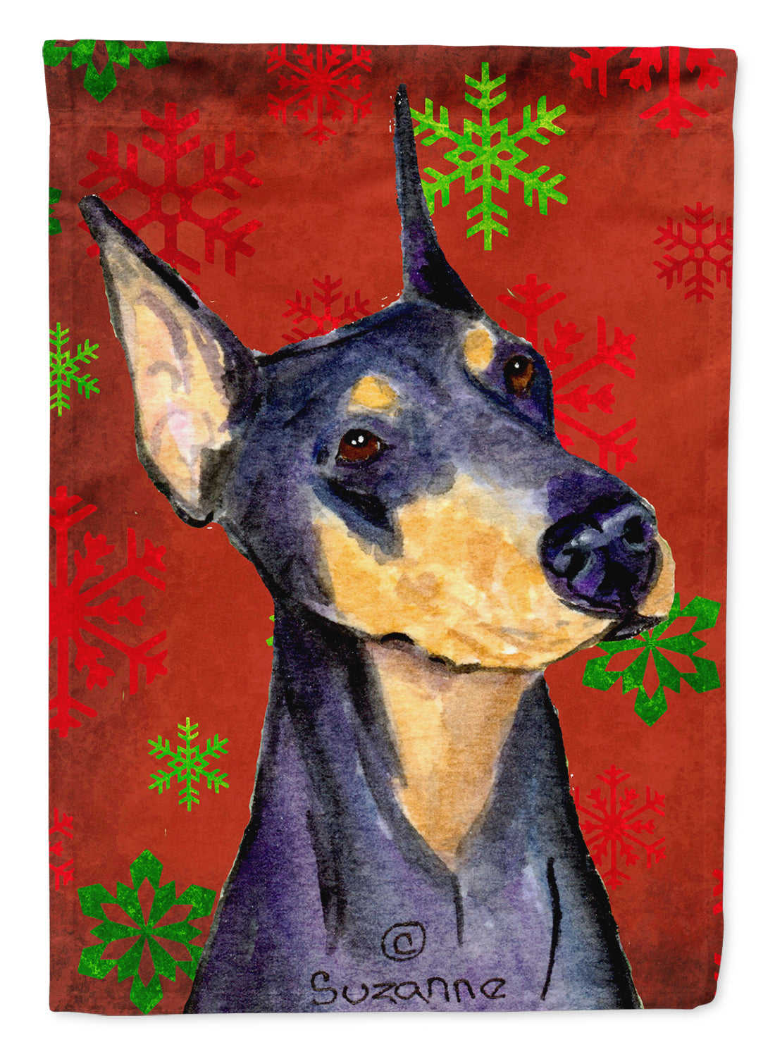 Doberman Red and Green Snowflakes Holiday Christmas House Flag 28x40 Porch Sleeve Pole Decorative Outside Yard Banner Artwork Wall Hanging, Polyester