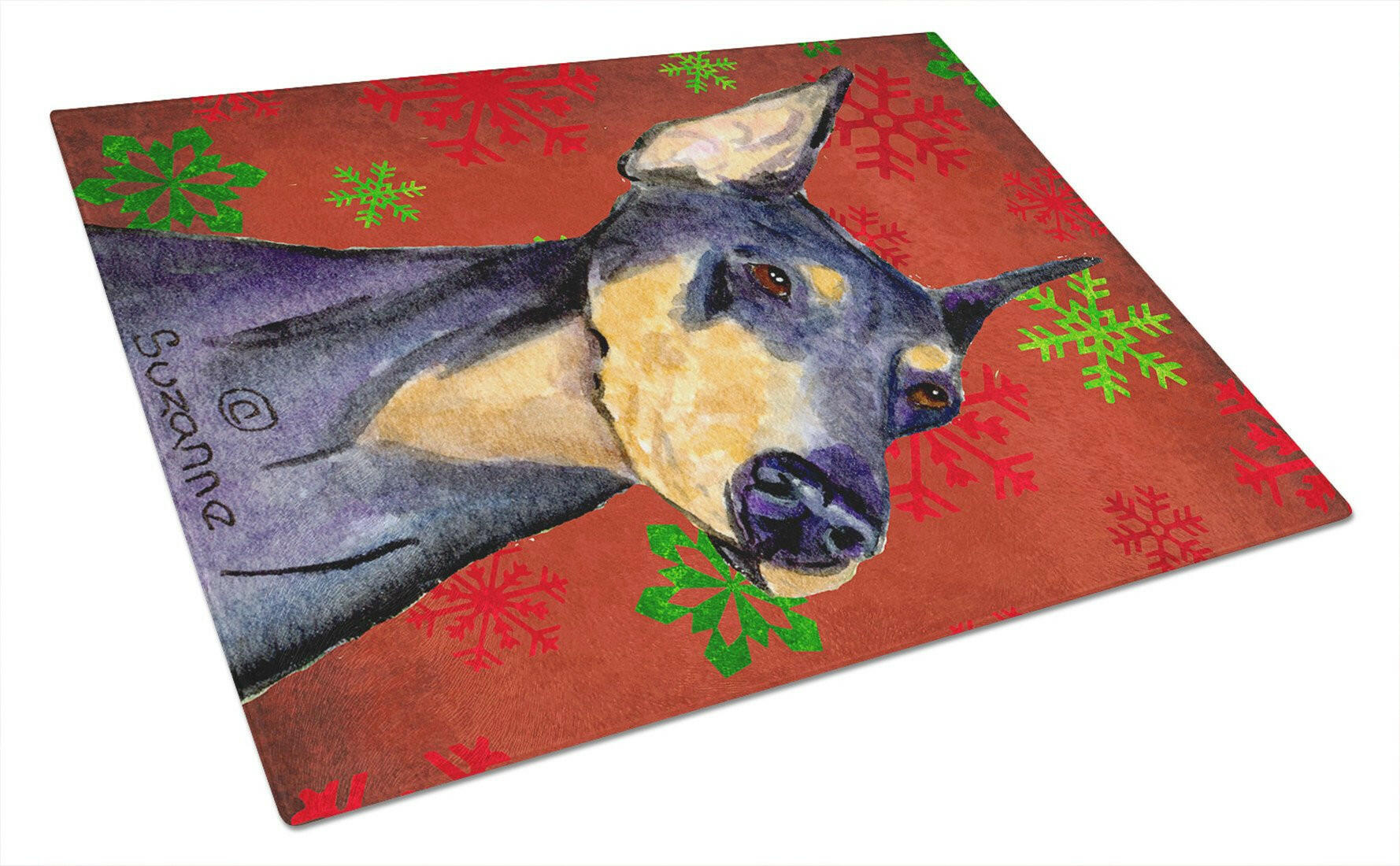 Doberman Red and Green Snowflakes Holiday Christmas Cutting Board Tempered Glass Kitchen Cutting Surface, Heat Resistant Chopping, Non-Slip Feet, Food Prep & Serving