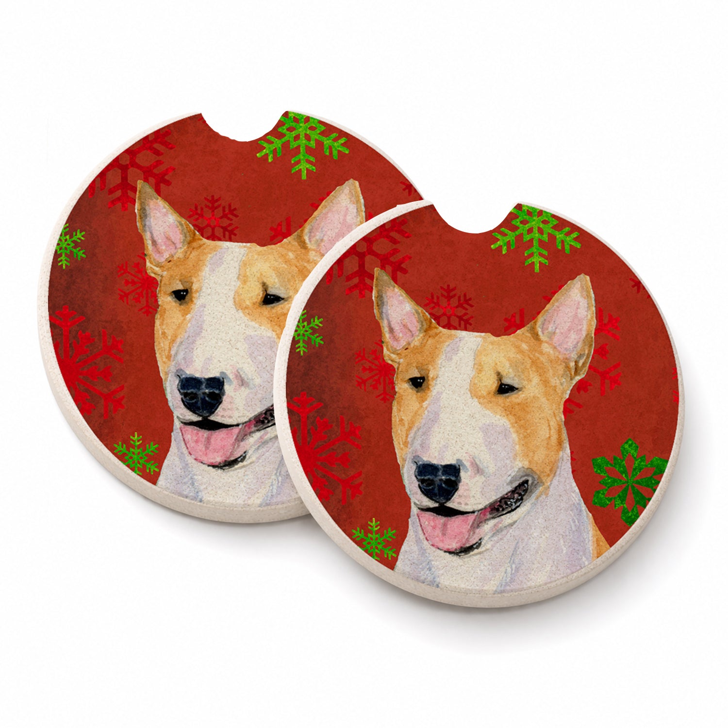 Bull Terrier Red and Green Snowflakes Holiday Christmas Set of 2 Cup Holder Car Coasters Absorbent Round Sandstone Coasters Gifts for Men or Women, 2.5, Multicolor