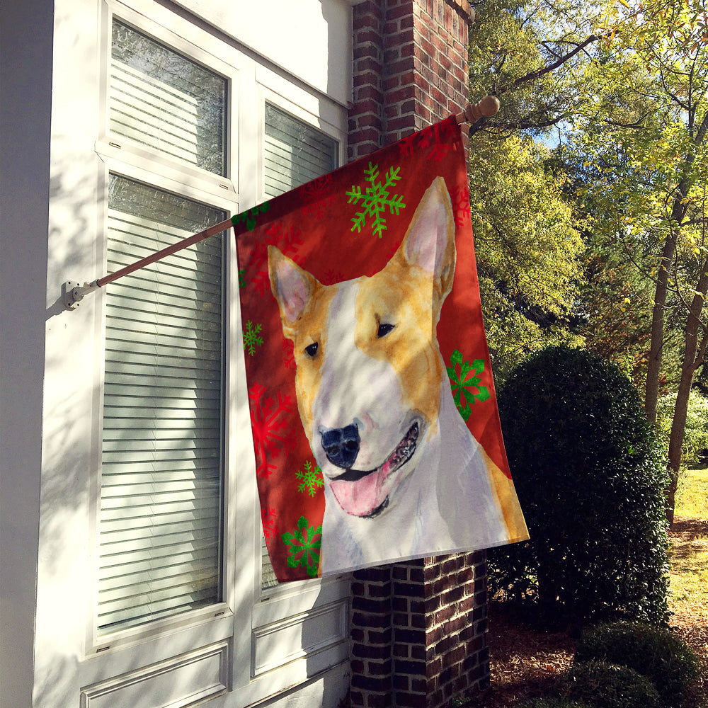 Bull Terrier Red and Green Snowflakes Holiday Christmas House Flag 28x40 Porch Sleeve Pole Decorative Outside Yard Banner Artwork Wall Hanging, Polyester