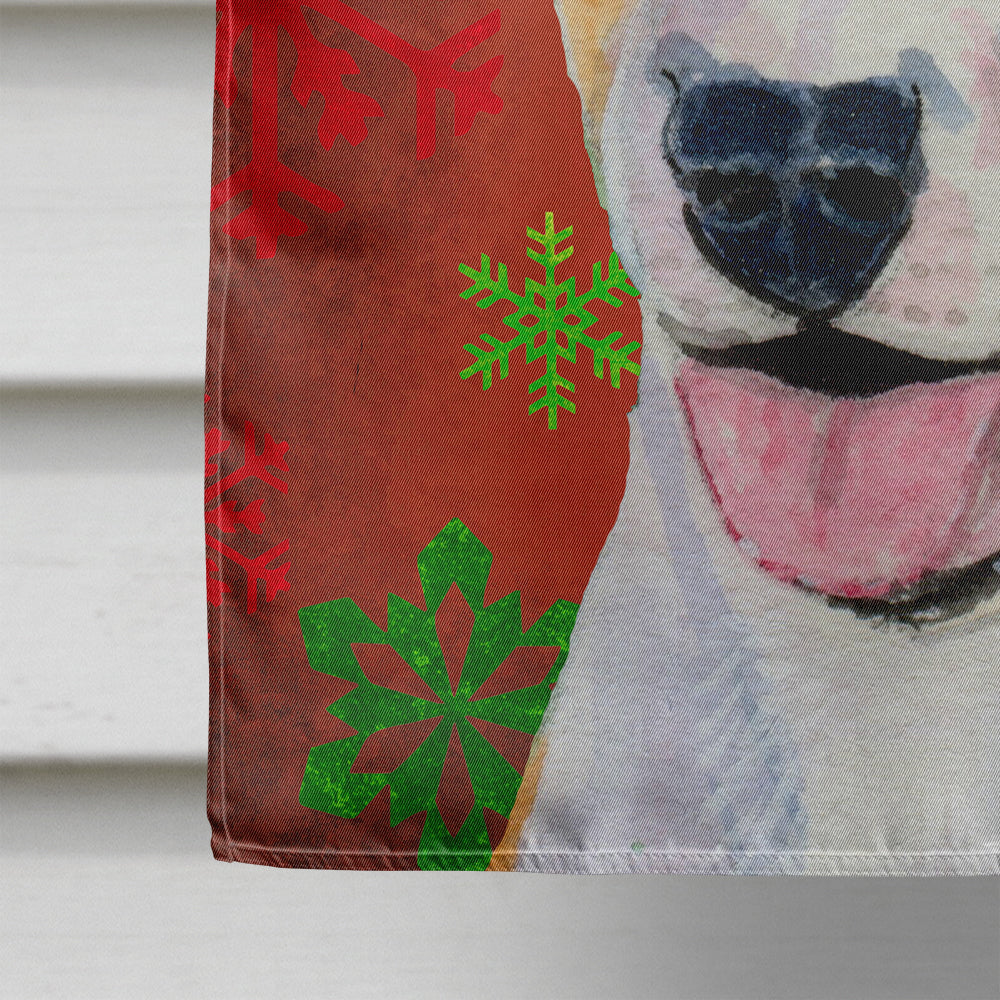 Bull Terrier Red and Green Snowflakes Holiday Christmas House Flag 28x40 Porch Sleeve Pole Decorative Outside Yard Banner Artwork Wall Hanging, Polyester