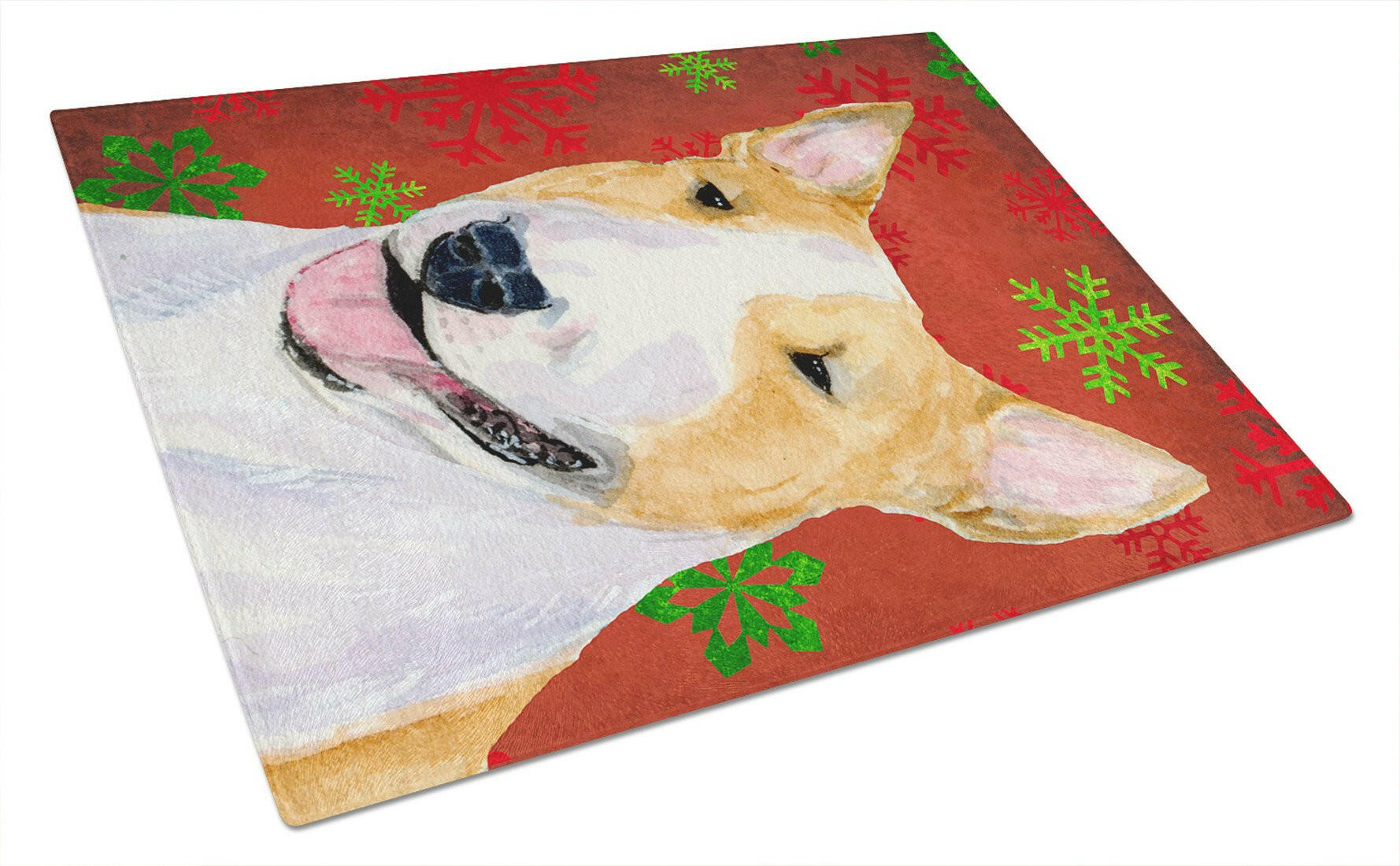 Bull Terrier Red and Green Snowflakes Holiday Christmas Cutting Board Tempered Glass Kitchen Cutting Surface, Heat Resistant Chopping, Non-Slip Feet, Food Prep & Serving