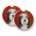 Bearded Collie Red and Green Snowflakes Holiday Christmas Set of 2 Cup Holder Car Coasters Absorbent Round Sandstone Coasters Gifts for Men or Women, 2.5, Multicolor