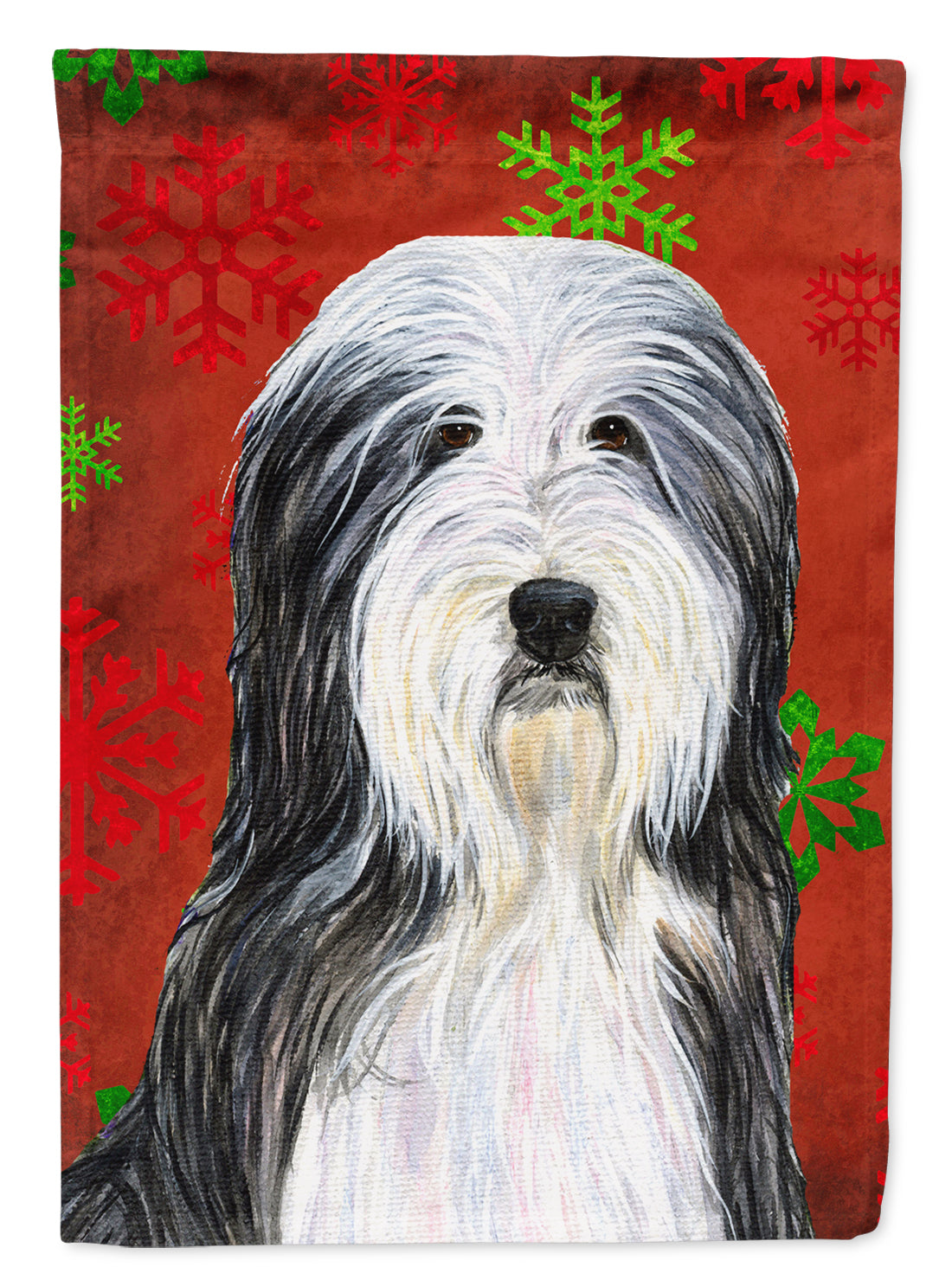 Bearded Collie Red and Green Snowflakes Holiday Christmas House Flag 28x40 Porch Sleeve Pole Decorative Outside Yard Banner Artwork Wall Hanging, Polyester
