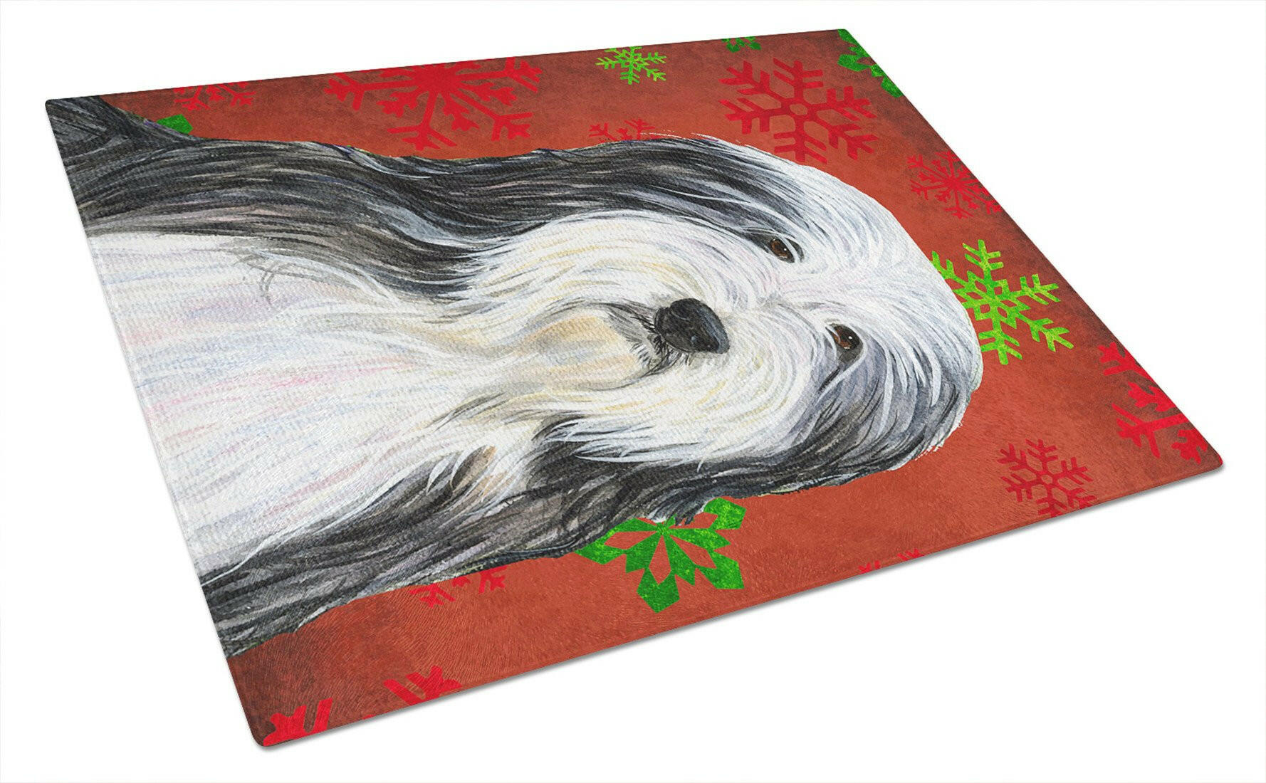 Bearded Collie Red and Green Snowflakes Holiday Christmas Cutting Board Tempered Glass Kitchen Cutting Surface, Heat Resistant Chopping, Non-Slip Feet, Food Prep & Serving