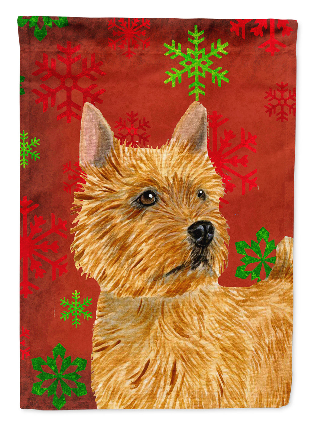 Norwich Terrier Red and Green Snowflakes Holiday Christmas House Flag 28x40 Porch Sleeve Pole Decorative Outside Yard Banner Artwork Wall Hanging, Polyester