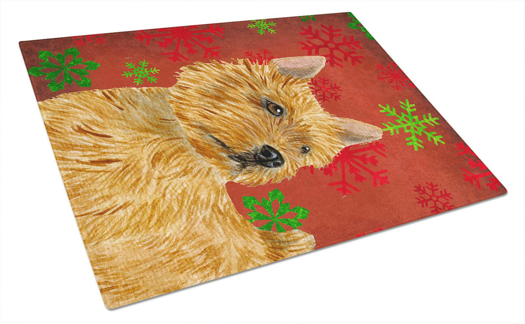 Norwich Terrier Red and Green Snowflakes Holiday Christmas Cutting Board Tempered Glass Kitchen Cutting Surface, Heat Resistant Chopping, Non-Slip Feet, Food Prep & Serving