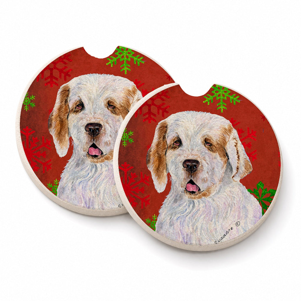 Clumber Spaniel Red and Green Snowflakes Holiday Christmas Set of 2 Cup Holder Car Coasters Absorbent Round Sandstone Coasters Gifts for Men or Women, 2.5, Multicolor