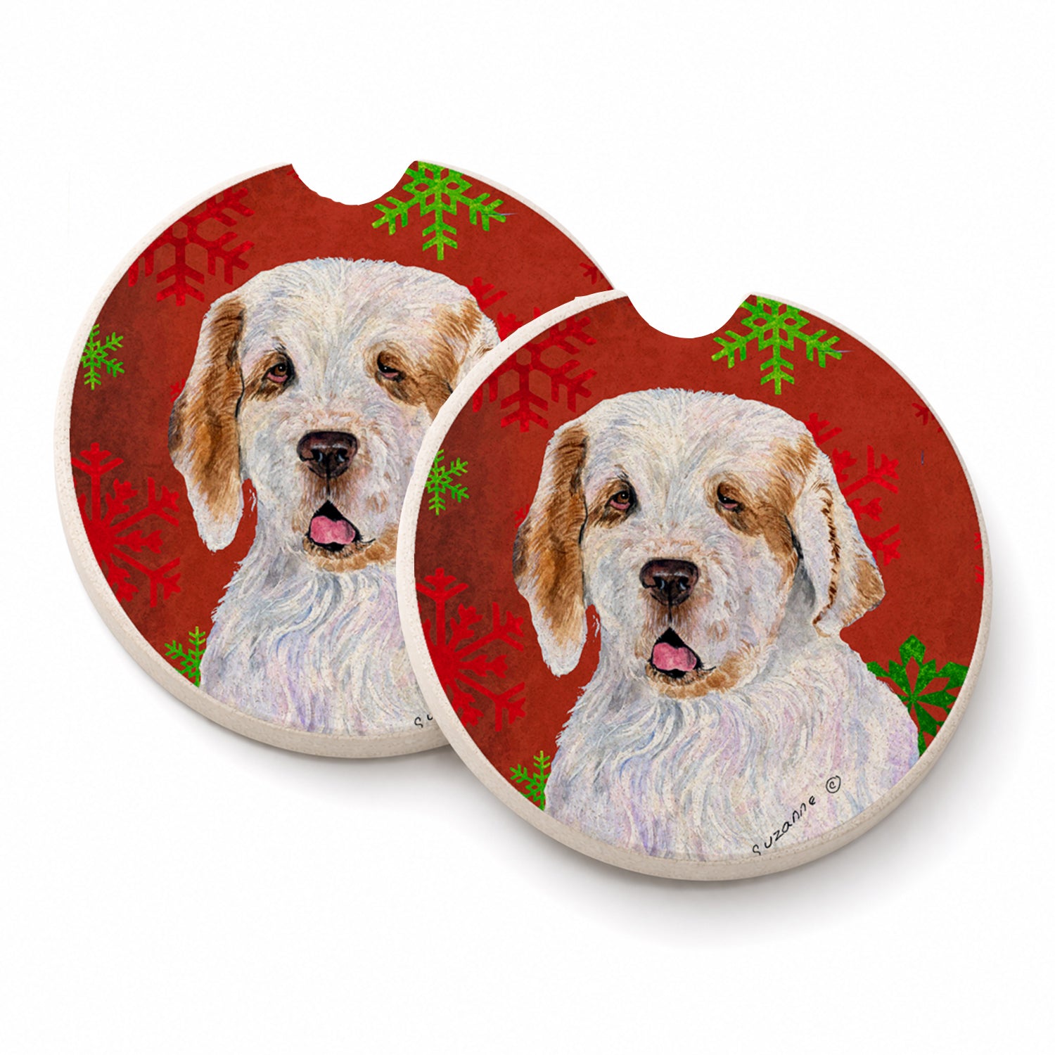 Clumber Spaniel Red and Green Snowflakes Holiday Christmas Set of 2 Cup Holder Car Coasters Absorbent Round Sandstone Coasters Gifts for Men or Women, 2.5, Multicolor