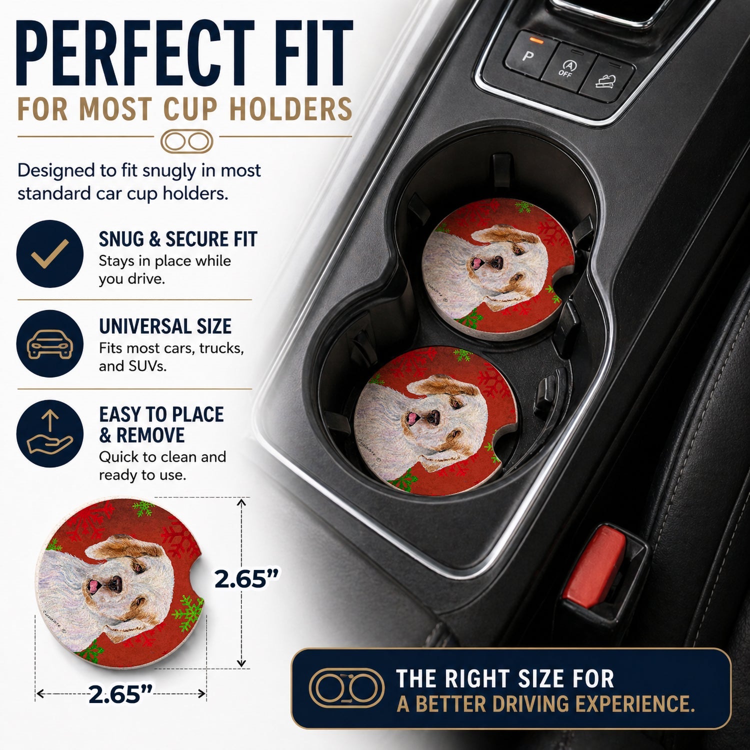 Clumber Spaniel Red and Green Snowflakes Holiday Christmas Set of 2 Cup Holder Car Coasters Absorbent Round Sandstone Coasters Gifts for Men or Women, 2.5, Multicolor