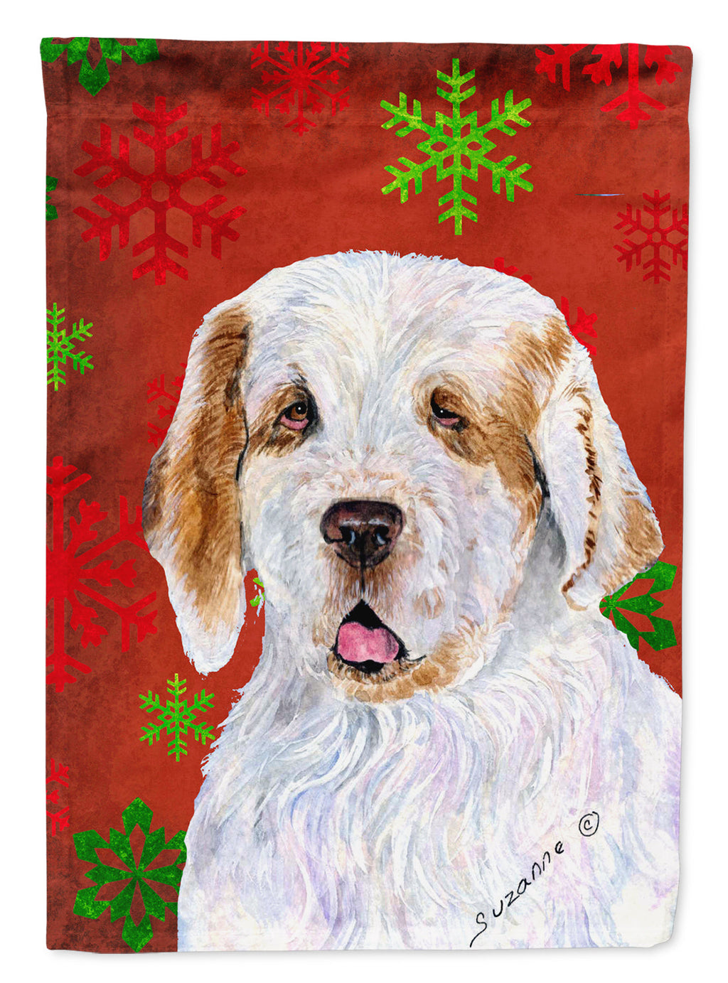 Clumber Spaniel Red and Green Snowflakes Holiday Christmas House Flag 28x40 Porch Sleeve Pole Decorative Outside Yard Banner Artwork Wall Hanging, Polyester