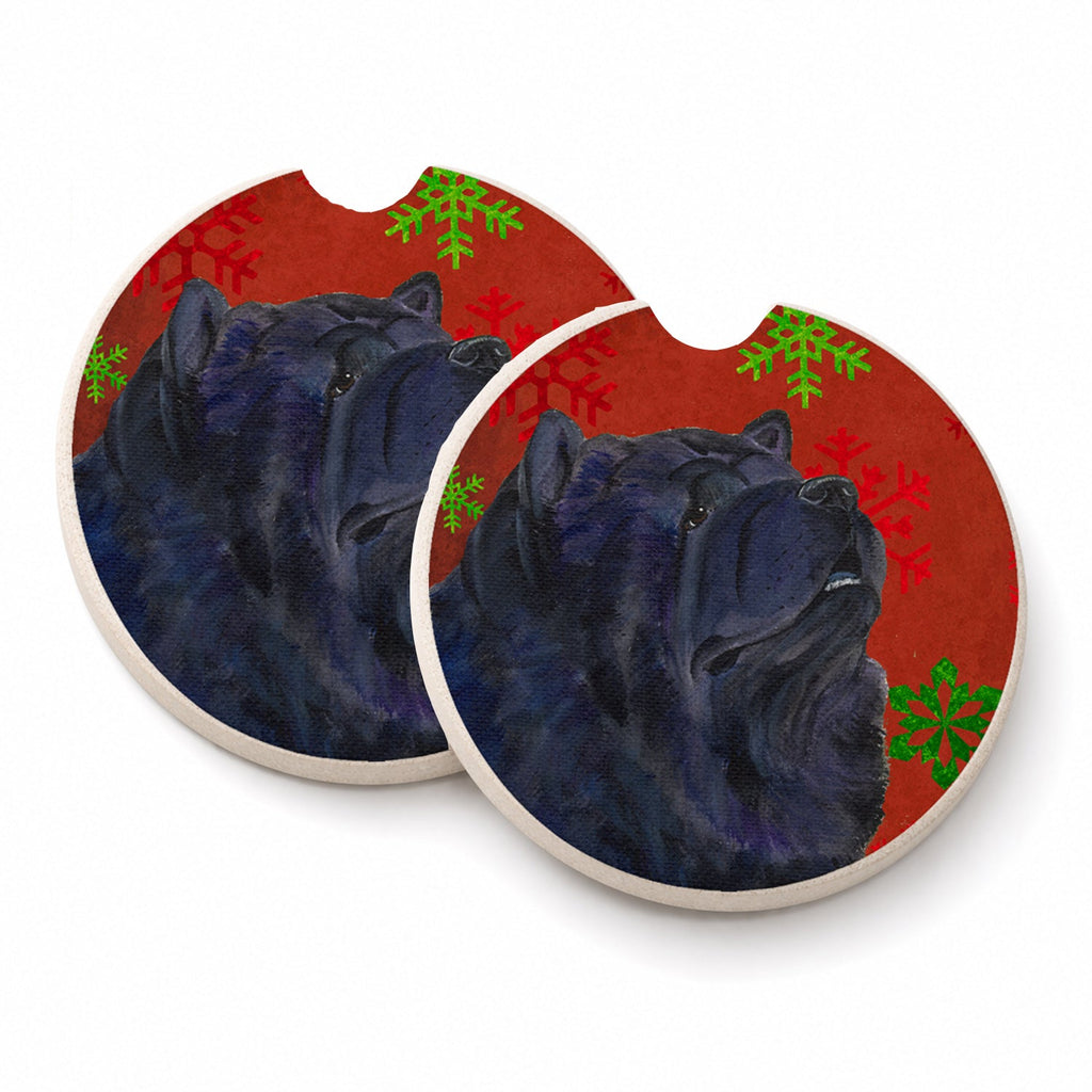 Chow Chow Red and Green Snowflakes Holiday Christmas Set of 2 Cup Holder Car Coasters Absorbent Round Sandstone Coasters Gifts for Men or Women, 2.5, Multicolor