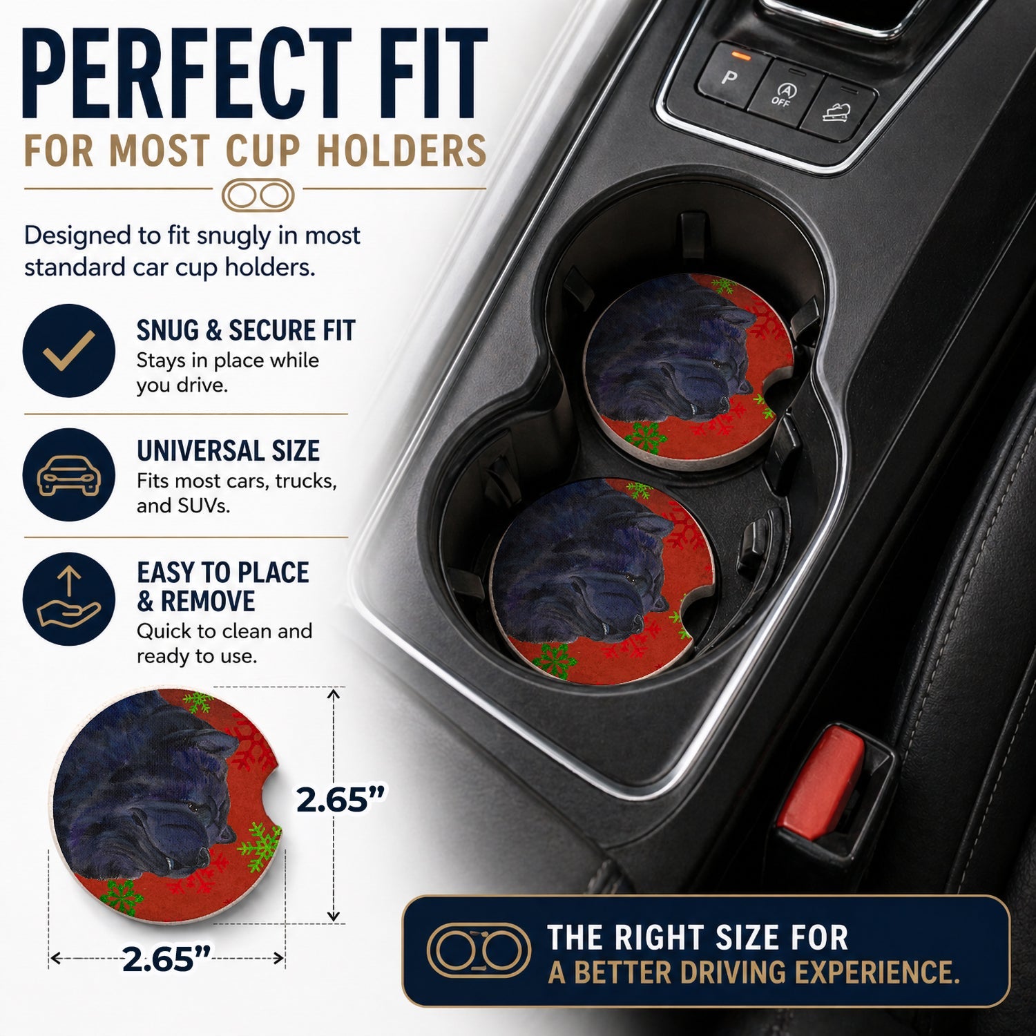 Chow Chow Red and Green Snowflakes Holiday Christmas Set of 2 Cup Holder Car Coasters Absorbent Round Sandstone Coasters Gifts for Men or Women, 2.5, Multicolor