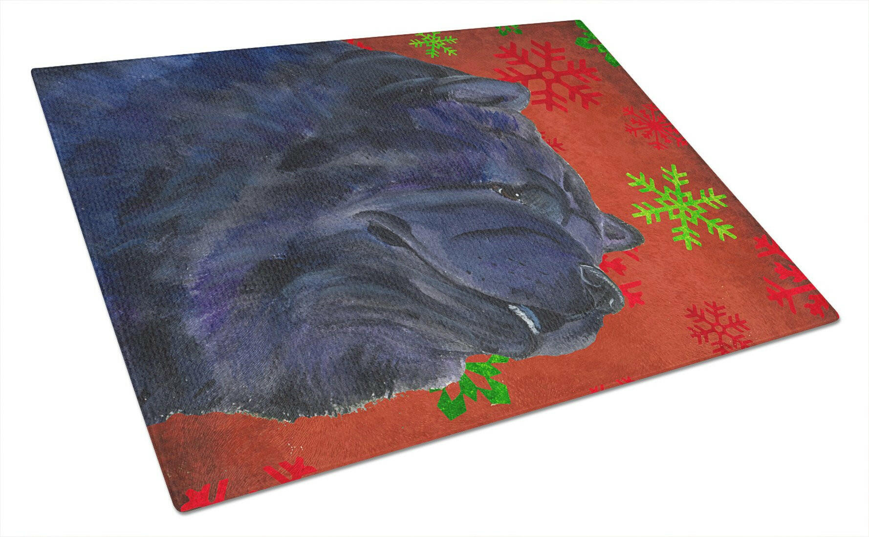 Chow Chow Red and Green Snowflakes Holiday Christmas Cutting Board Tempered Glass Kitchen Cutting Surface, Heat Resistant Chopping, Non-Slip Feet, Food Prep & Serving