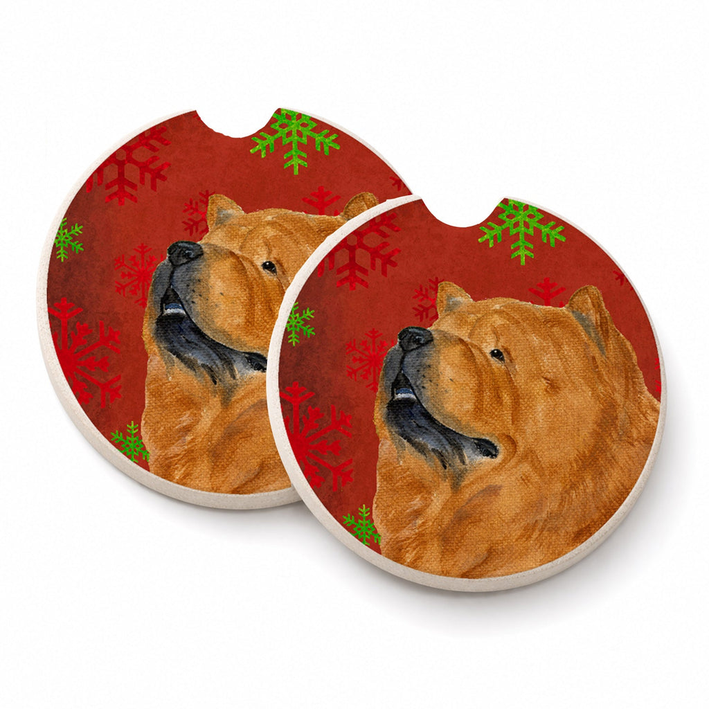 Chow Chow Red and Green Snowflakes Holiday Christmas Set of 2 Cup Holder Car Coasters Absorbent Round Sandstone Coasters Gifts for Men or Women, 2.5, Multicolor