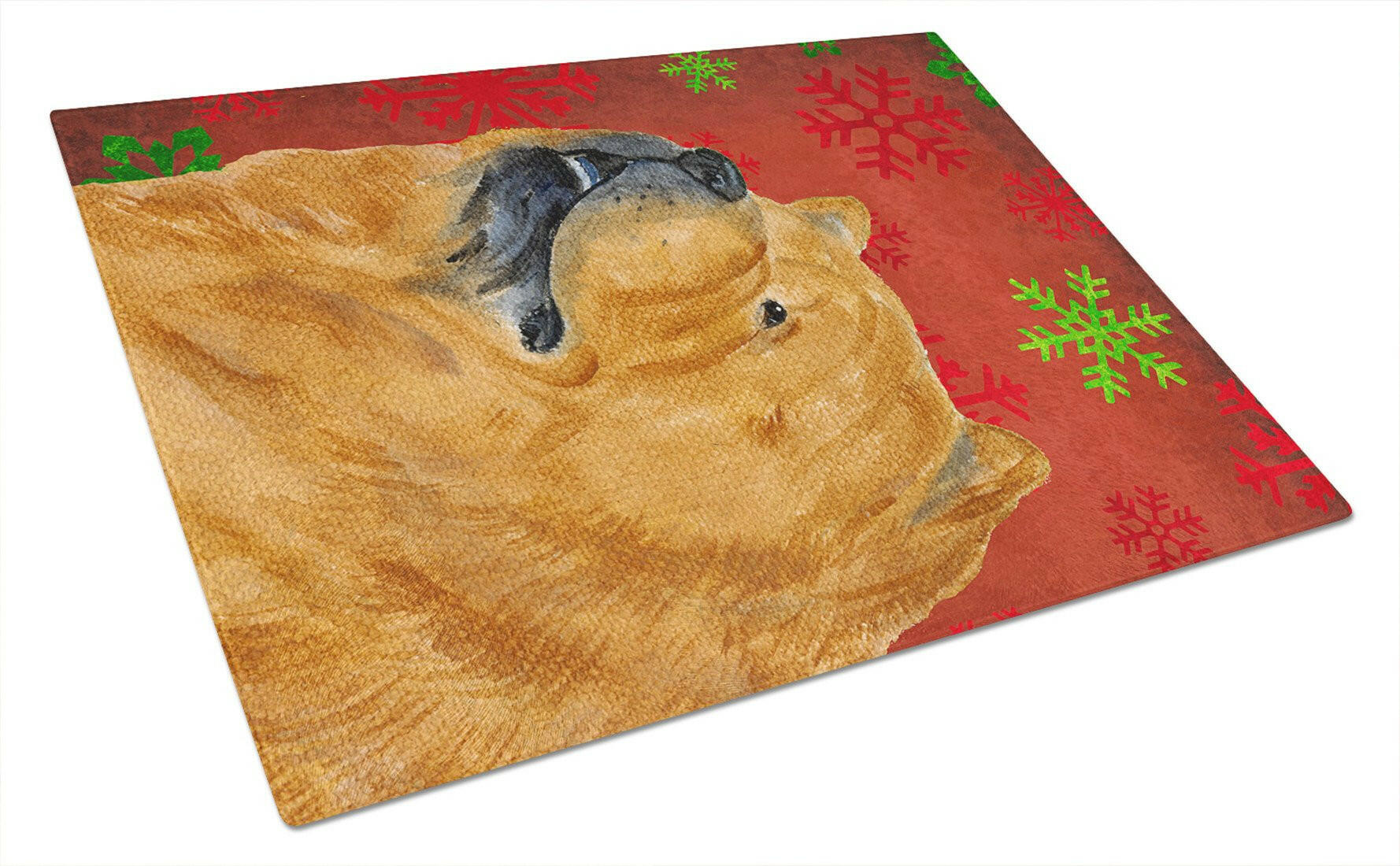 Chow Chow Red and Green Snowflakes Holiday Christmas Cutting Board Tempered Glass Kitchen Cutting Surface, Heat Resistant Chopping, Non-Slip Feet, Food Prep & Serving