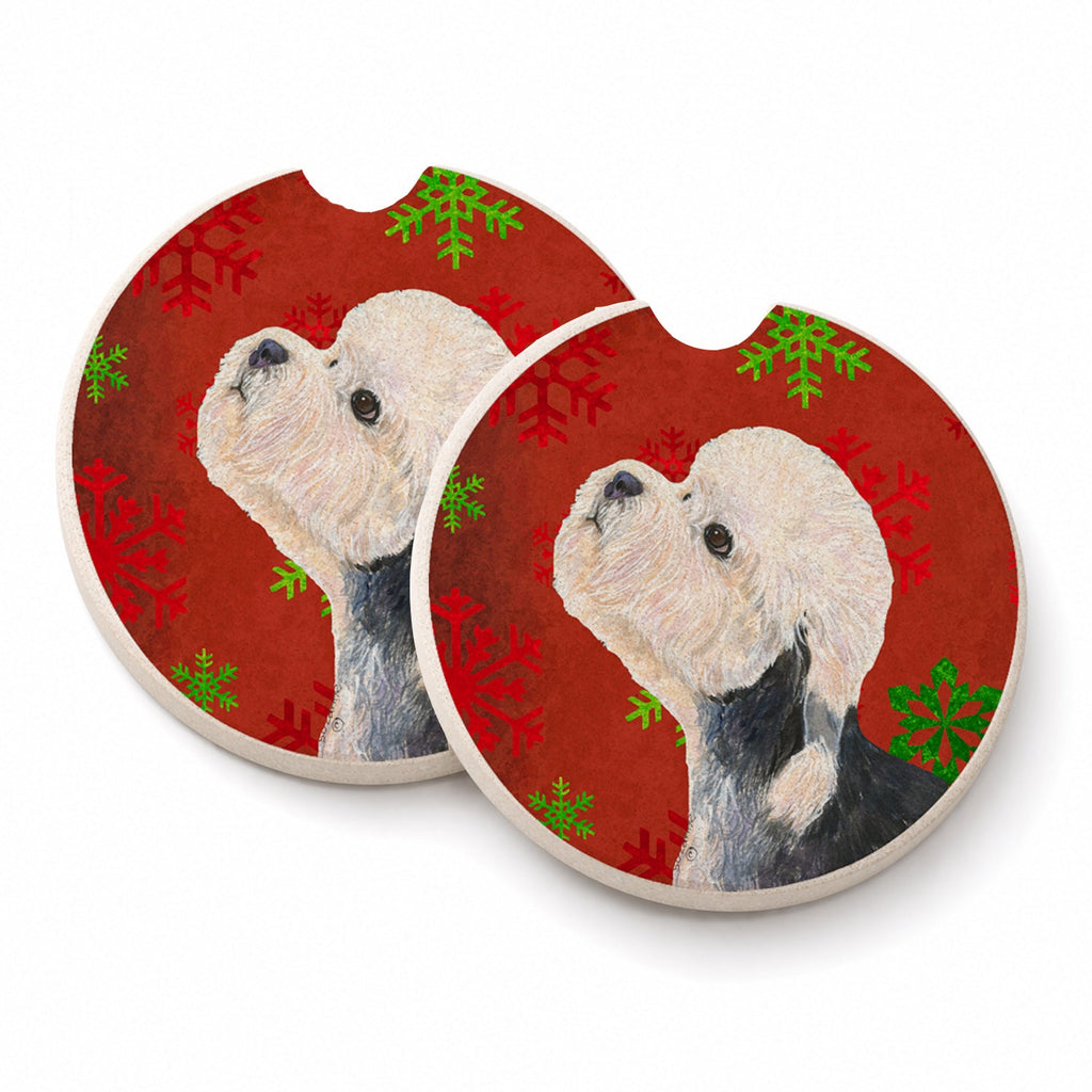 Dandie Dinmont Terrier Red Green Snowflakes Christmas Set of 2 Cup Holder Car Coasters Absorbent Round Sandstone Coasters Gifts for Men or Women, 2.5, Multicolor