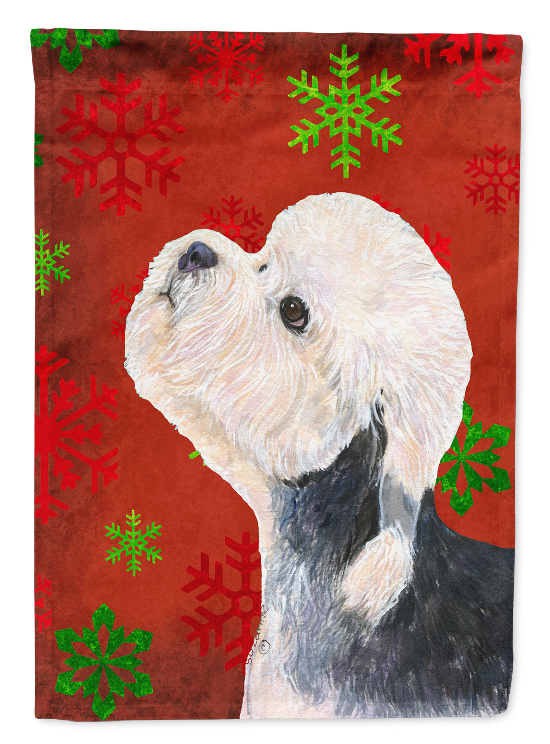 Dandie Dinmont Terrier Red Green Snowflakes Christmas House Flag 28x40 Porch Sleeve Pole Decorative Outside Yard Banner Artwork Wall Hanging, Polyester
