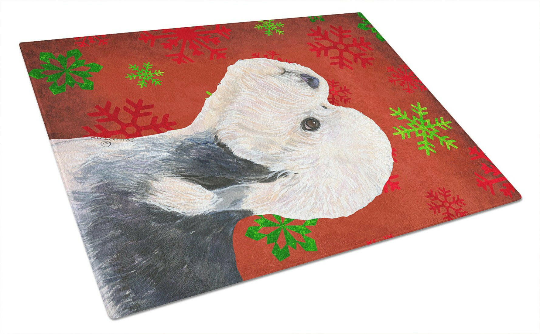 Dandie Dinmont Terrier Red Green Snowflakes Christmas Cutting Board Tempered Glass Kitchen Cutting Surface, Heat Resistant Chopping, Non-Slip Feet, Food Prep & Serving
