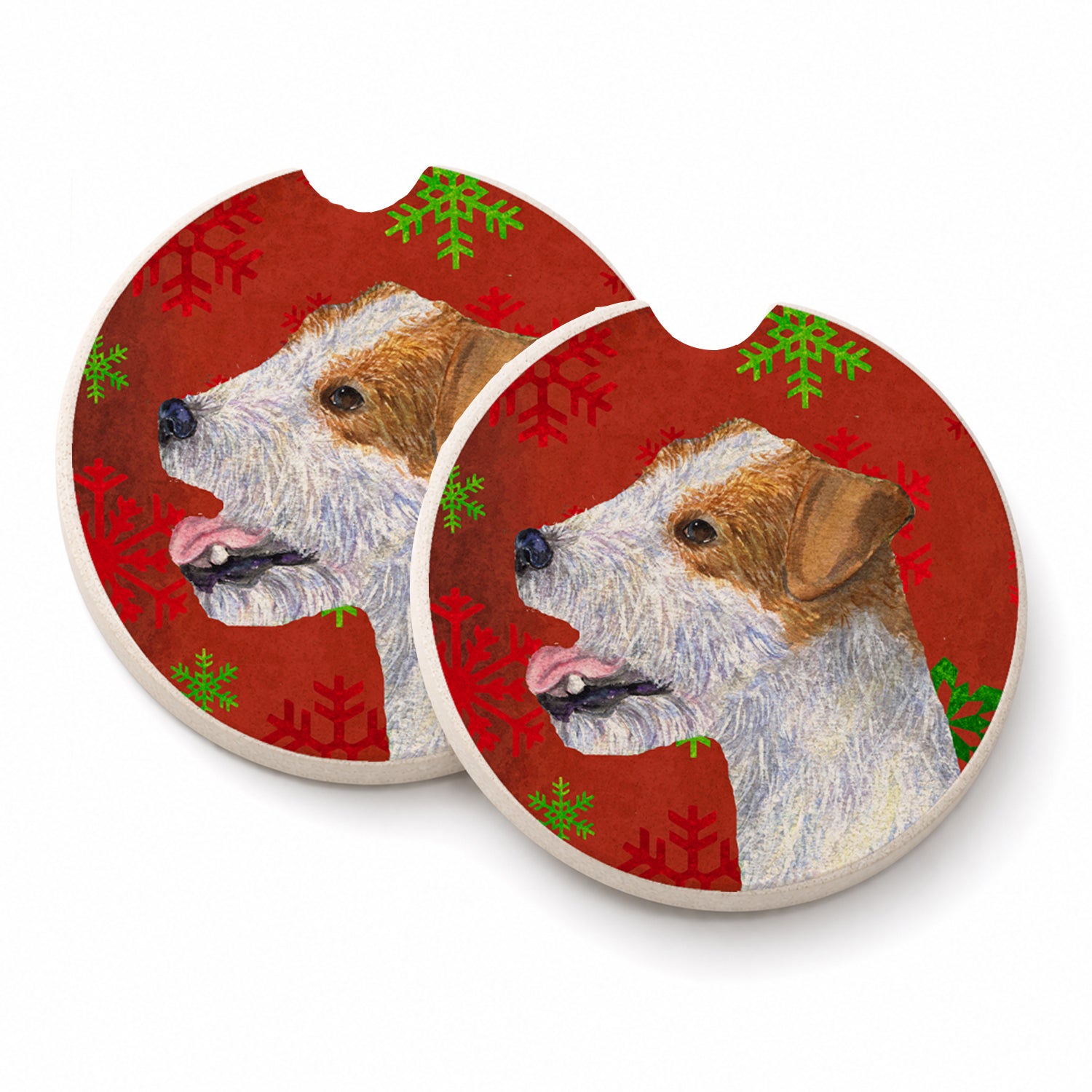 Jack Russell Terrier Red Green Snowflakes Holiday Christmas Set of 2 Cup Holder Car Coasters Absorbent Round Sandstone Coasters Gifts for Men or Women, 2.5, Multicolor