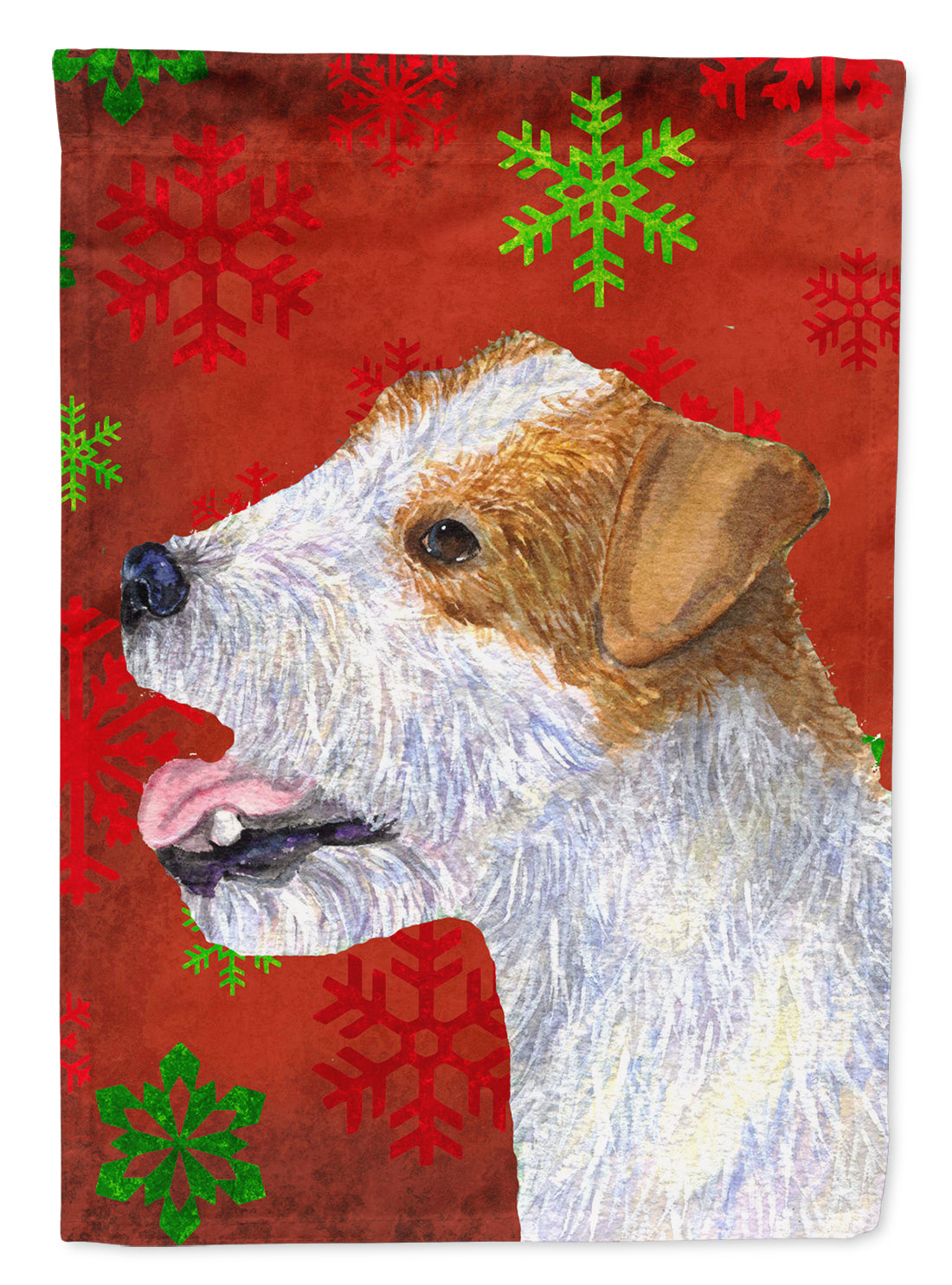 Jack Russell Terrier Red Green Snowflakes Holiday Christmas House Flag 28x40 Porch Sleeve Pole Decorative Outside Yard Banner Artwork Wall Hanging, Polyester