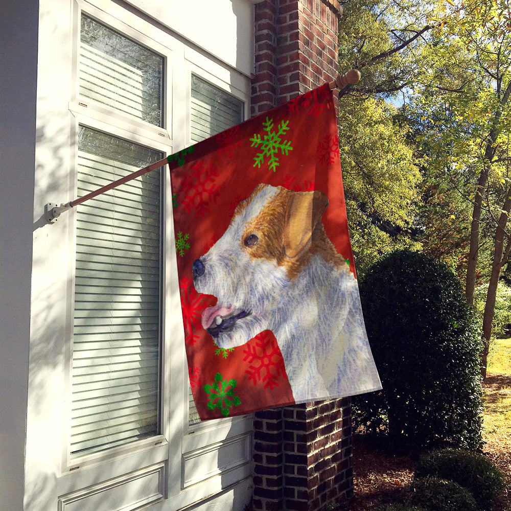Jack Russell Terrier Red Green Snowflakes Holiday Christmas House Flag 28x40 Porch Sleeve Pole Decorative Outside Yard Banner Artwork Wall Hanging, Polyester
