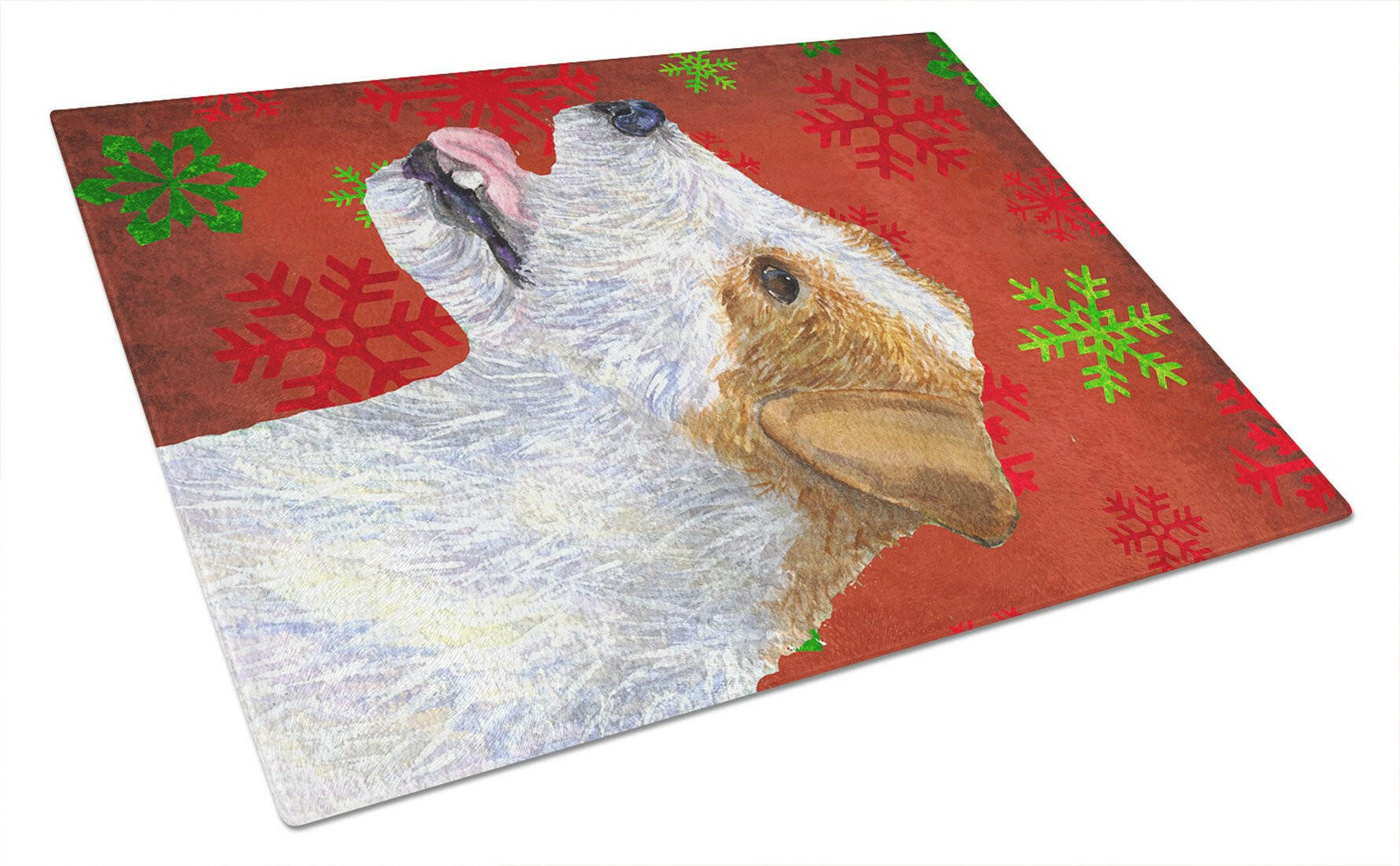 Jack Russell Terrier Red Green Snowflakes Holiday Christmas Cutting Board Tempered Glass Kitchen Cutting Surface, Heat Resistant Chopping, Non-Slip Feet, Food Prep & Serving
