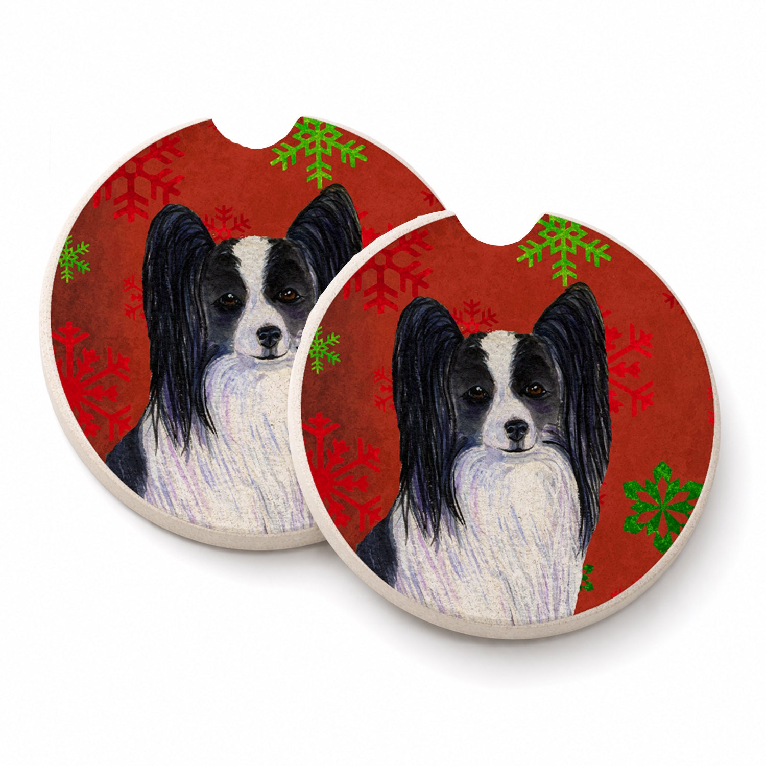 Papillon Red and Green Snowflakes Holiday Christmas Set of 2 Cup Holder Car Coasters Absorbent Round Sandstone Coasters Gifts for Men or Women, 2.5, Multicolor