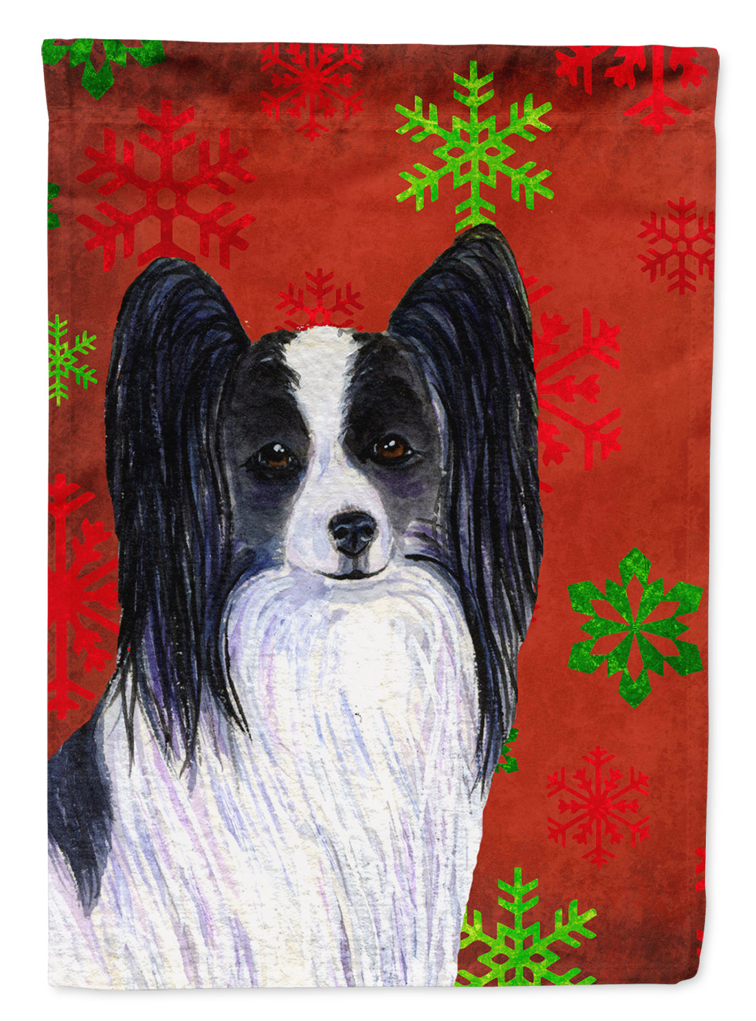 Papillon Red and Green Snowflakes Holiday Christmas House Flag 28x40 Porch Sleeve Pole Decorative Outside Yard Banner Artwork Wall Hanging, Polyester