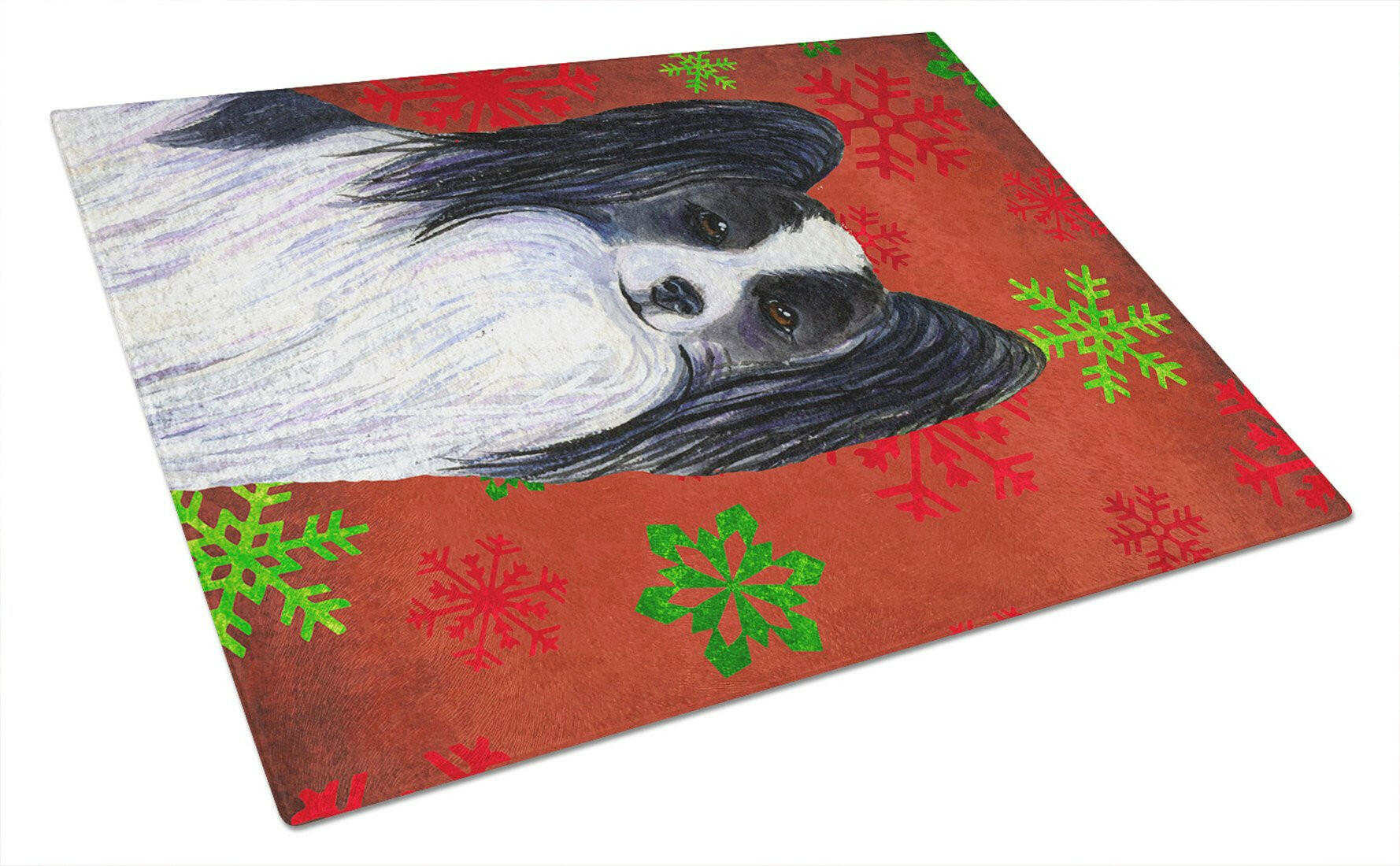 Papillon Red and Green Snowflakes Holiday Christmas Cutting Board Tempered Glass Kitchen Cutting Surface, Heat Resistant Chopping, Non-Slip Feet, Food Prep & Serving