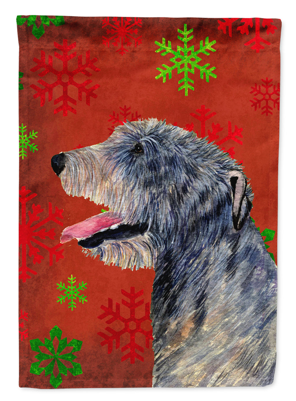 Irish Wolfhound Red and Green Snowflakes Holiday Christmas House Flag 28x40 Porch Sleeve Pole Decorative Outside Yard Banner Artwork Wall Hanging, Polyester
