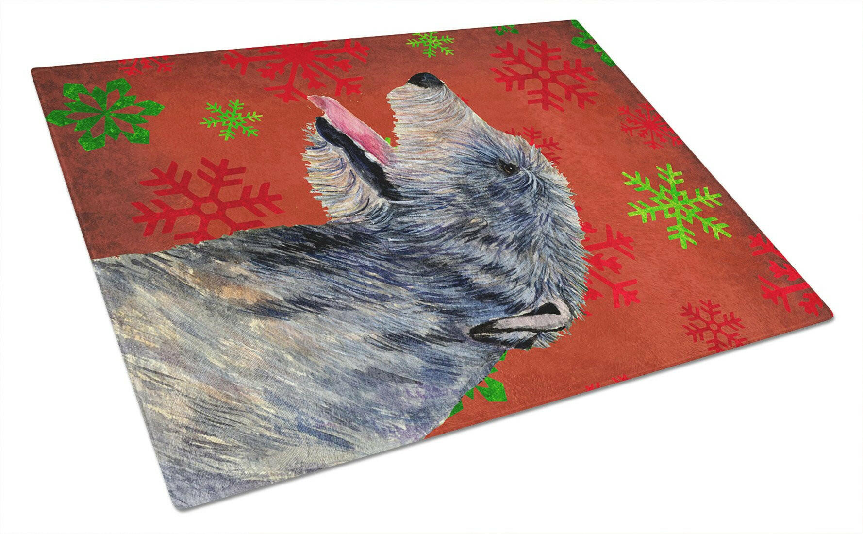 Irish Wolfhound Red and Green Snowflakes Holiday Christmas Cutting Board Tempered Glass Kitchen Cutting Surface, Heat Resistant Chopping, Non-Slip Feet, Food Prep & Serving