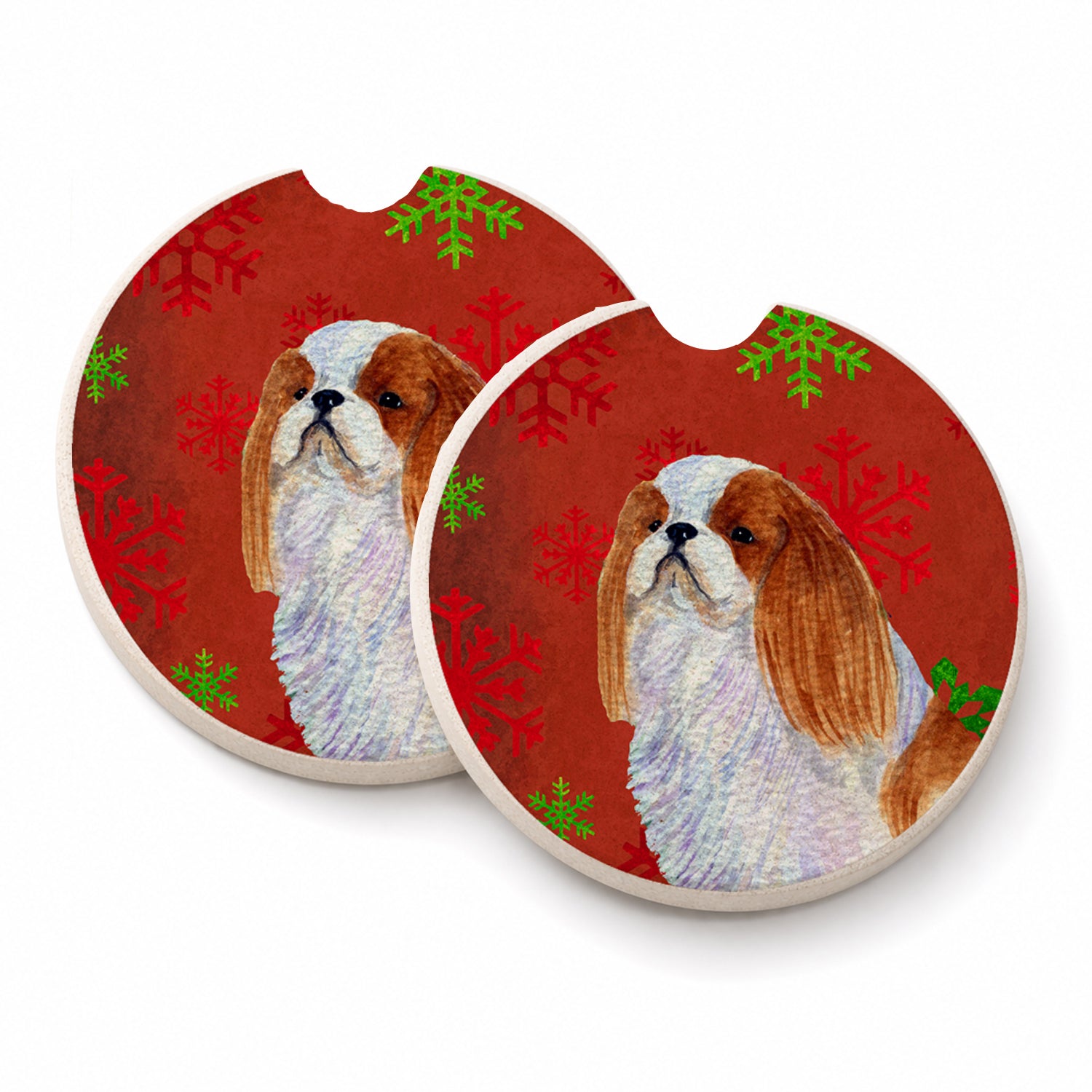 English Toy Spaniel Red and Green Snowflakes Holiday Christmas Set of 2 Cup Holder Car Coasters Absorbent Round Sandstone Coasters Gifts for Men or Women, 2.5, Multicolor
