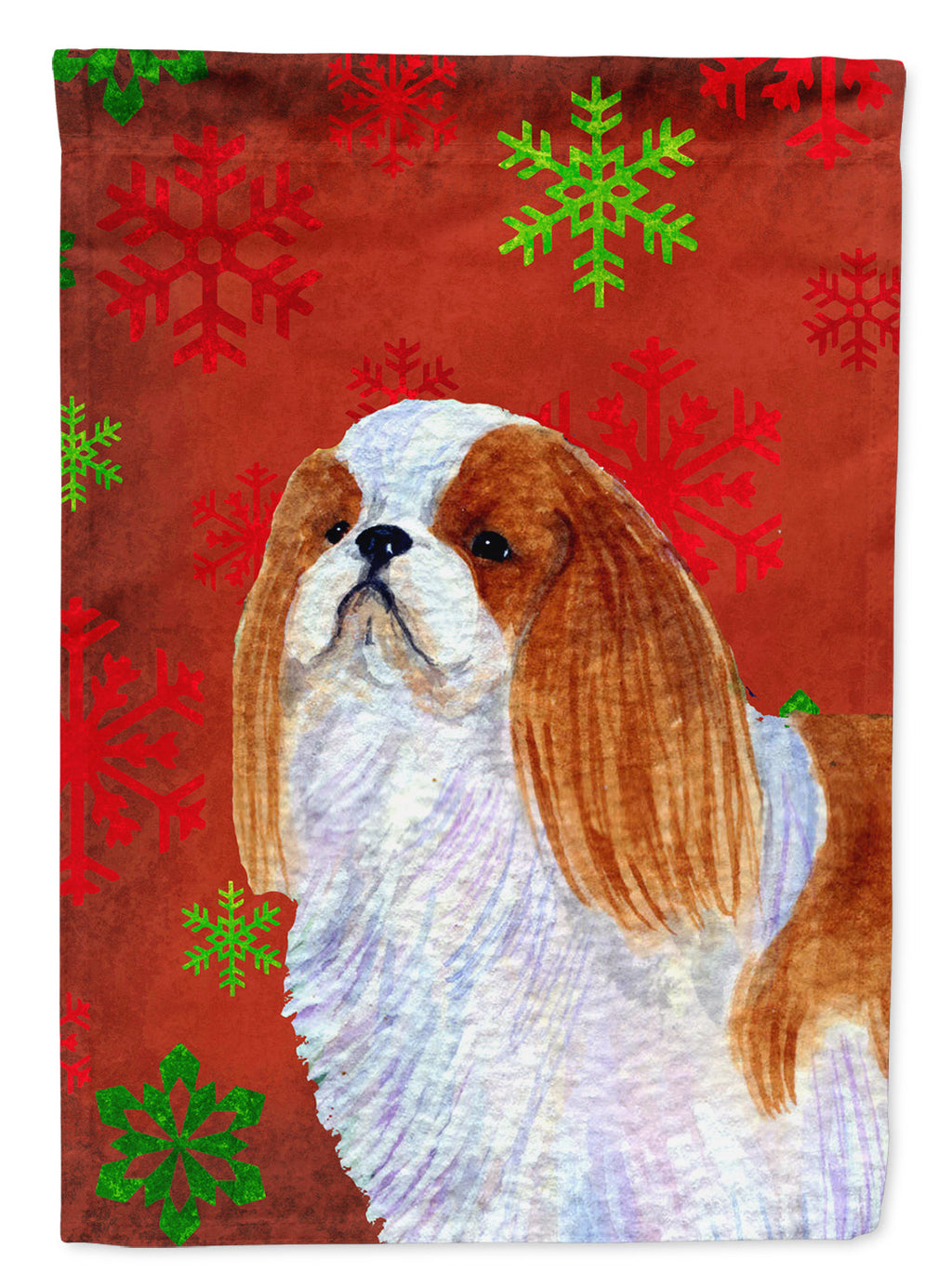 English Toy Spaniel Red and Green Snowflakes Holiday Christmas House Flag 28x40 Porch Sleeve Pole Decorative Outside Yard Banner Artwork Wall Hanging, Polyester