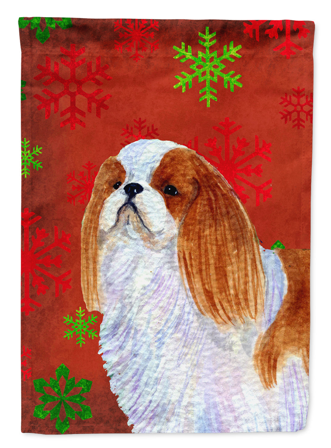 English Toy Spaniel Red and Green Snowflakes Holiday Christmas House Flag 28x40 Porch Sleeve Pole Decorative Outside Yard Banner Artwork Wall Hanging, Polyester