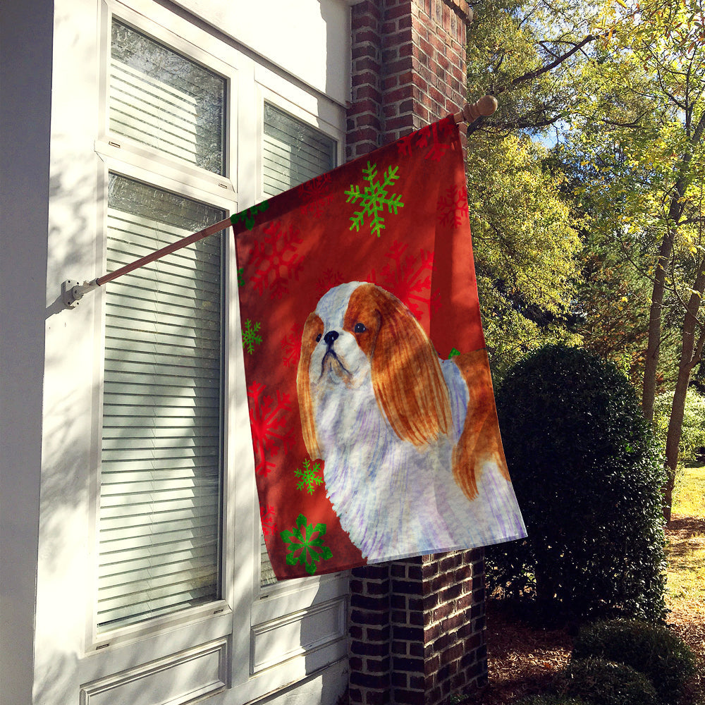 English Toy Spaniel Red and Green Snowflakes Holiday Christmas House Flag 28x40 Porch Sleeve Pole Decorative Outside Yard Banner Artwork Wall Hanging, Polyester