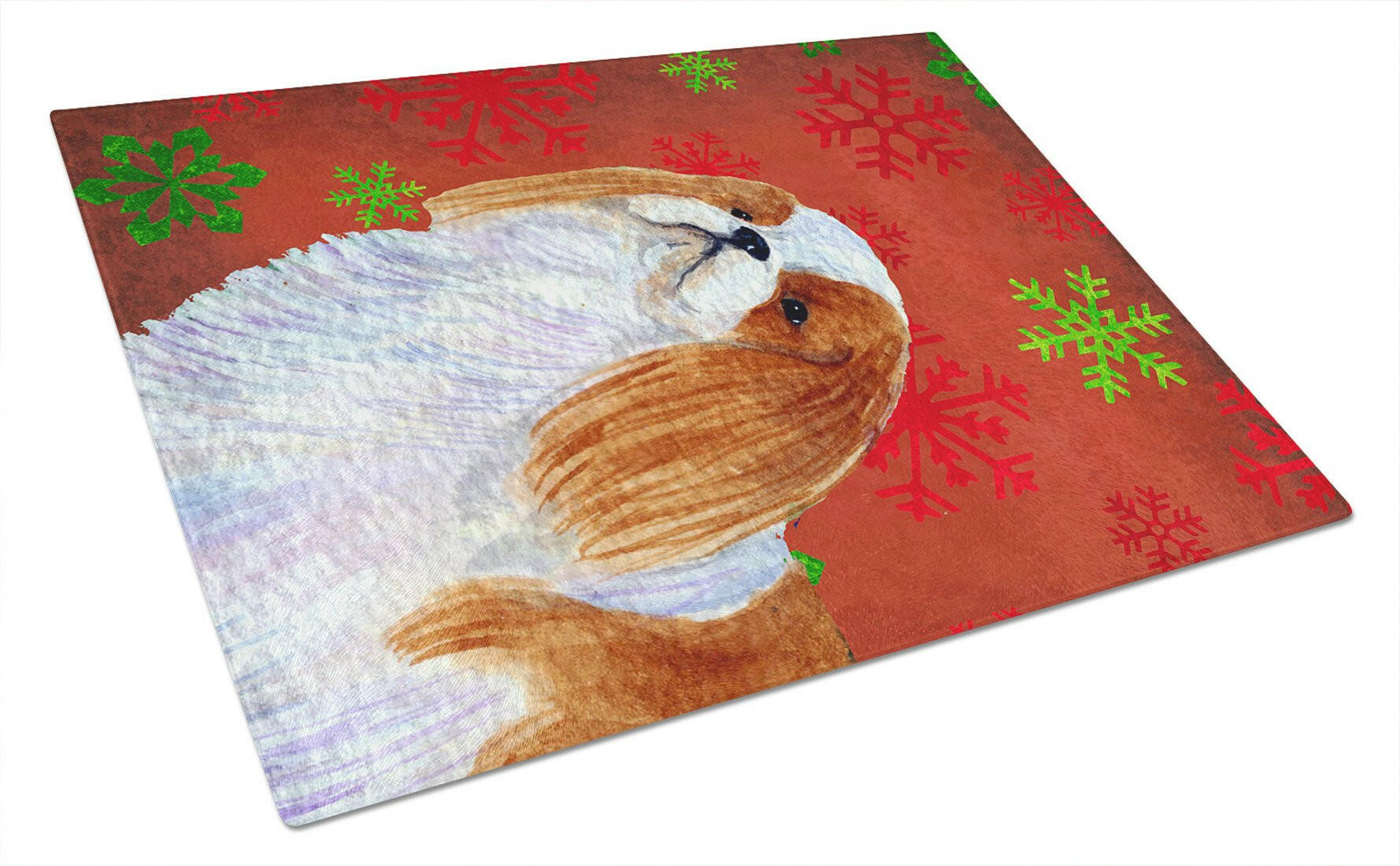 English Toy Spaniel Red and Green Snowflakes Holiday Christmas Cutting Board Tempered Glass Kitchen Cutting Surface, Heat Resistant Chopping, Non-Slip Feet, Food Prep & Serving