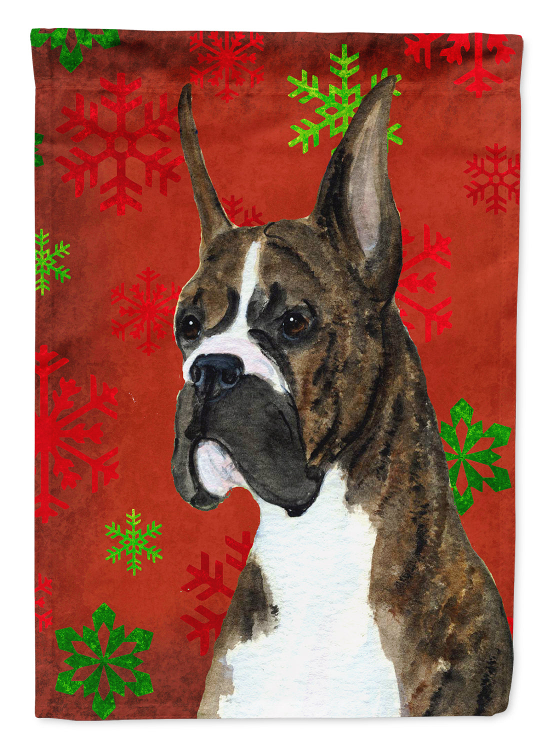Boxer Red and Green Snowflakes Holiday Christmas House Flag 28x40 Porch Sleeve Pole Decorative Outside Yard Banner Artwork Wall Hanging, Polyester