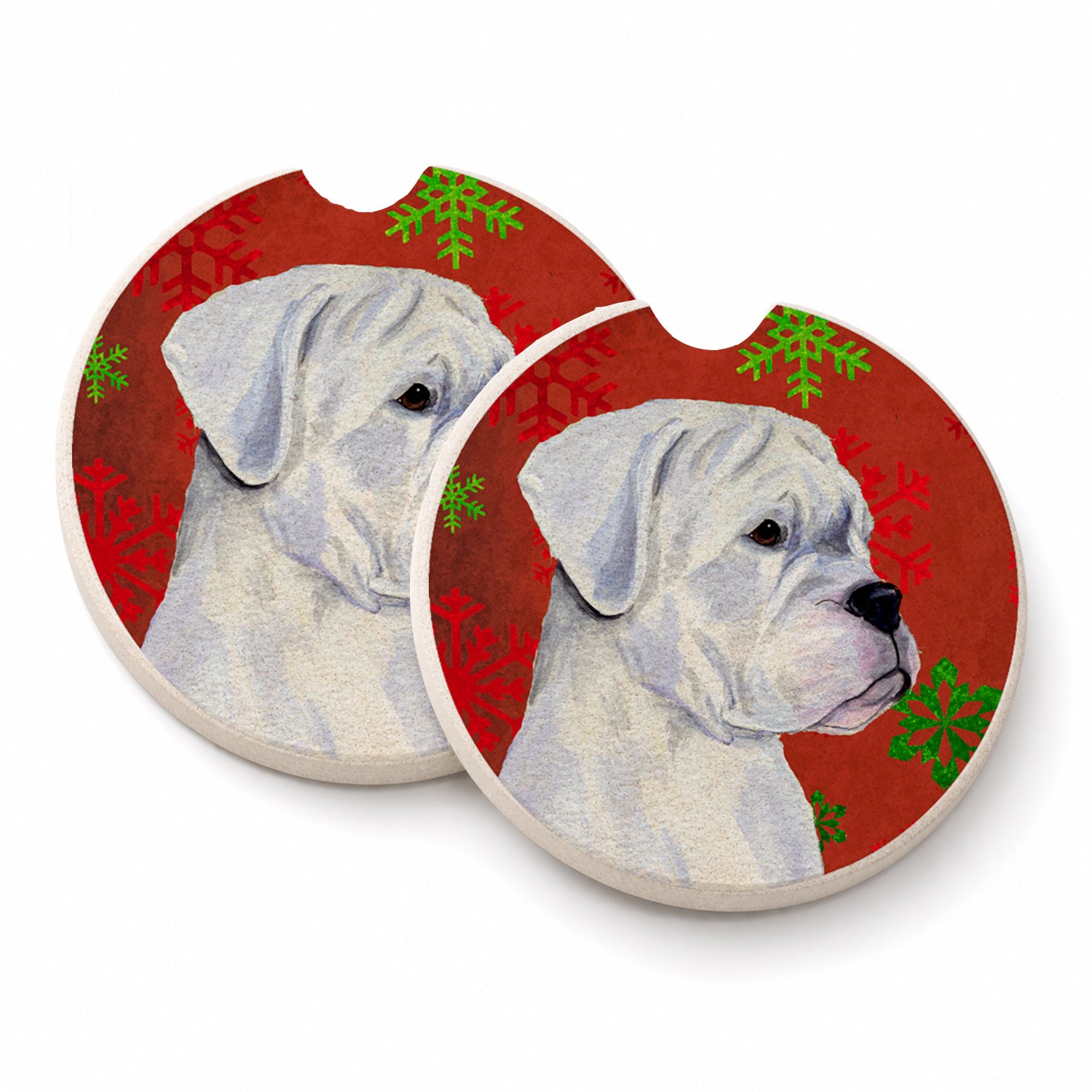 Boxer Red and Green Snowflakes Holiday Christmas Set of 2 Cup Holder Car Coasters Absorbent Round Sandstone Coasters Gifts for Men or Women, 2.5, Multicolor