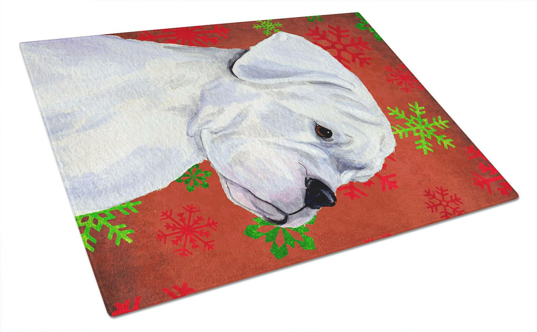 Boxer Red and Green Snowflakes Holiday Christmas Cutting Board Tempered Glass Kitchen Cutting Surface, Heat Resistant Chopping, Non-Slip Feet, Food Prep & Serving