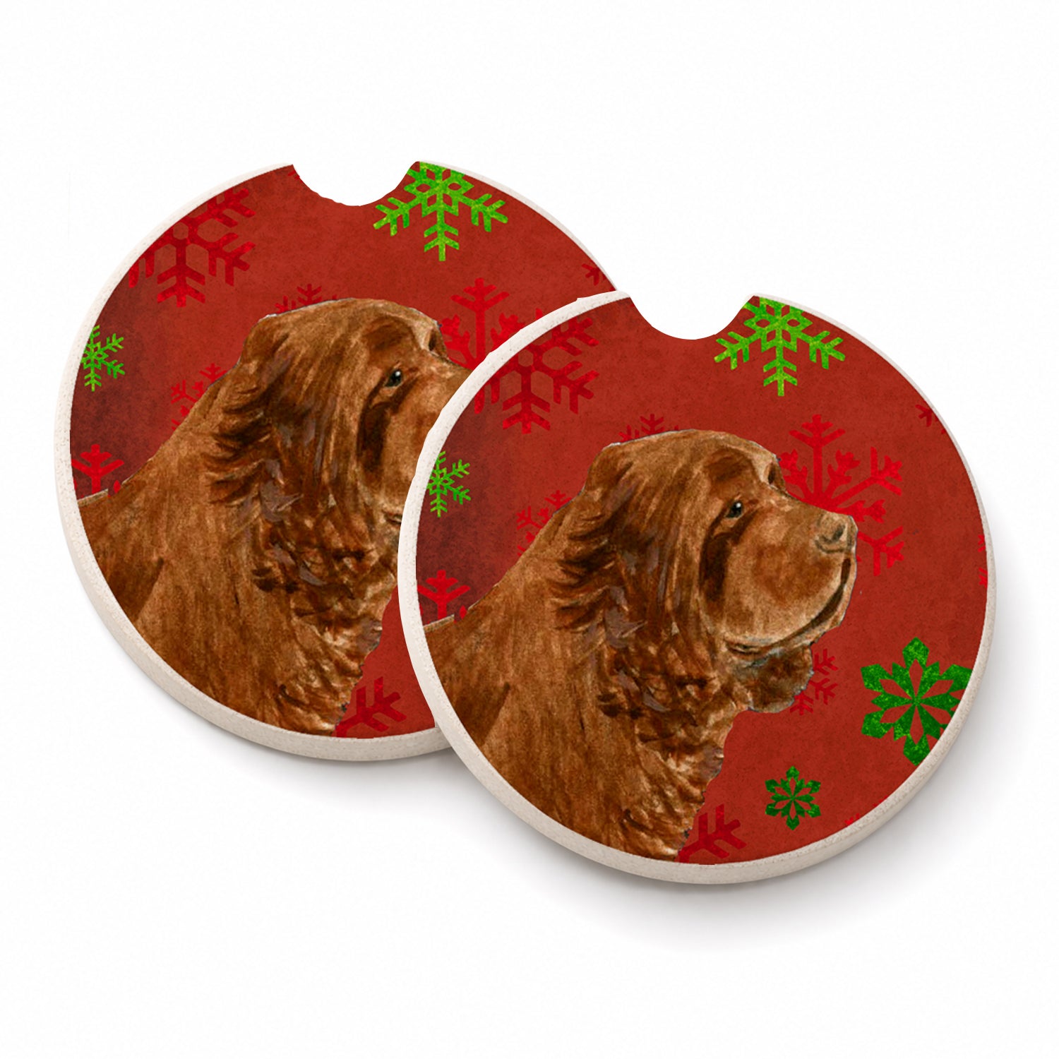 Sussex Spaniel Red Green Snowflake Holiday Christmas Set of 2 Cup Holder Car Coasters Absorbent Round Sandstone Coasters Gifts for Men or Women, 2.5, Multicolor