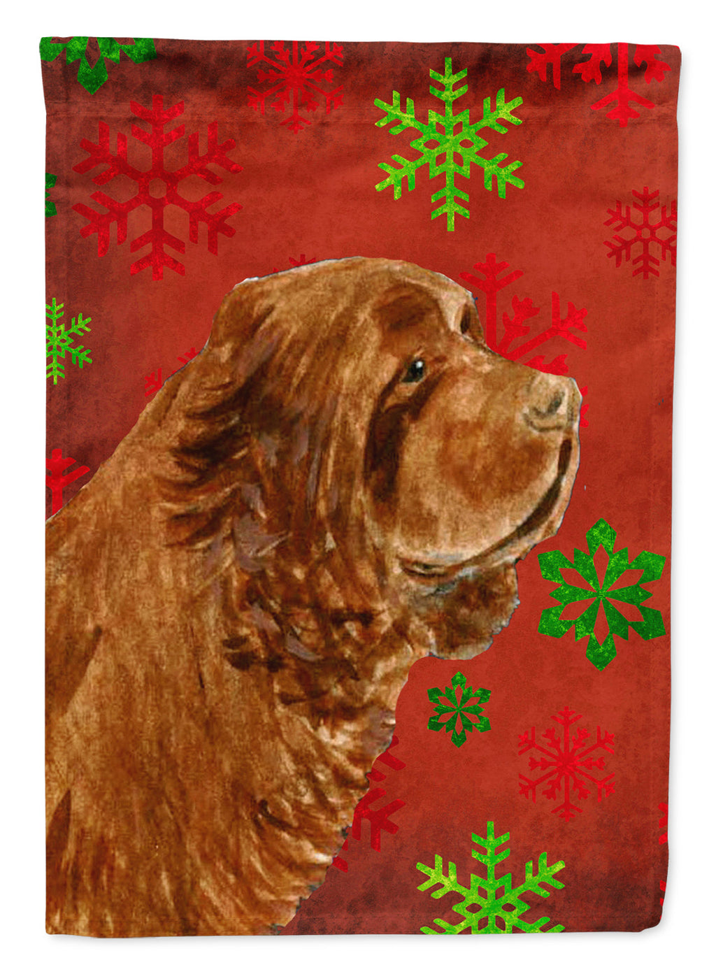 Sussex Spaniel Red Green Snowflake Holiday Christmas House Flag 28x40 Porch Sleeve Pole Decorative Outside Yard Banner Artwork Wall Hanging, Polyester